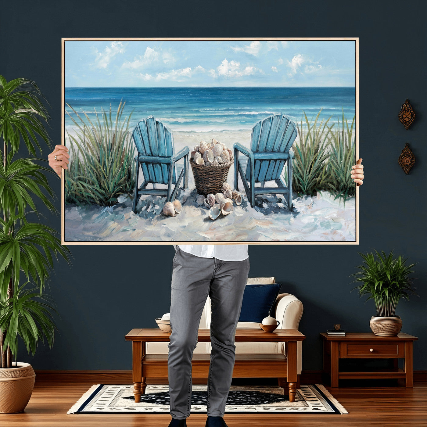 11973028-MGV-CV-36X24 - Beach Canvas Wall Art Coastal Adirondack Chairs Ocean Seashells Blue Nautical Framed Large for Living Room Bedroom Bathroom Decor
