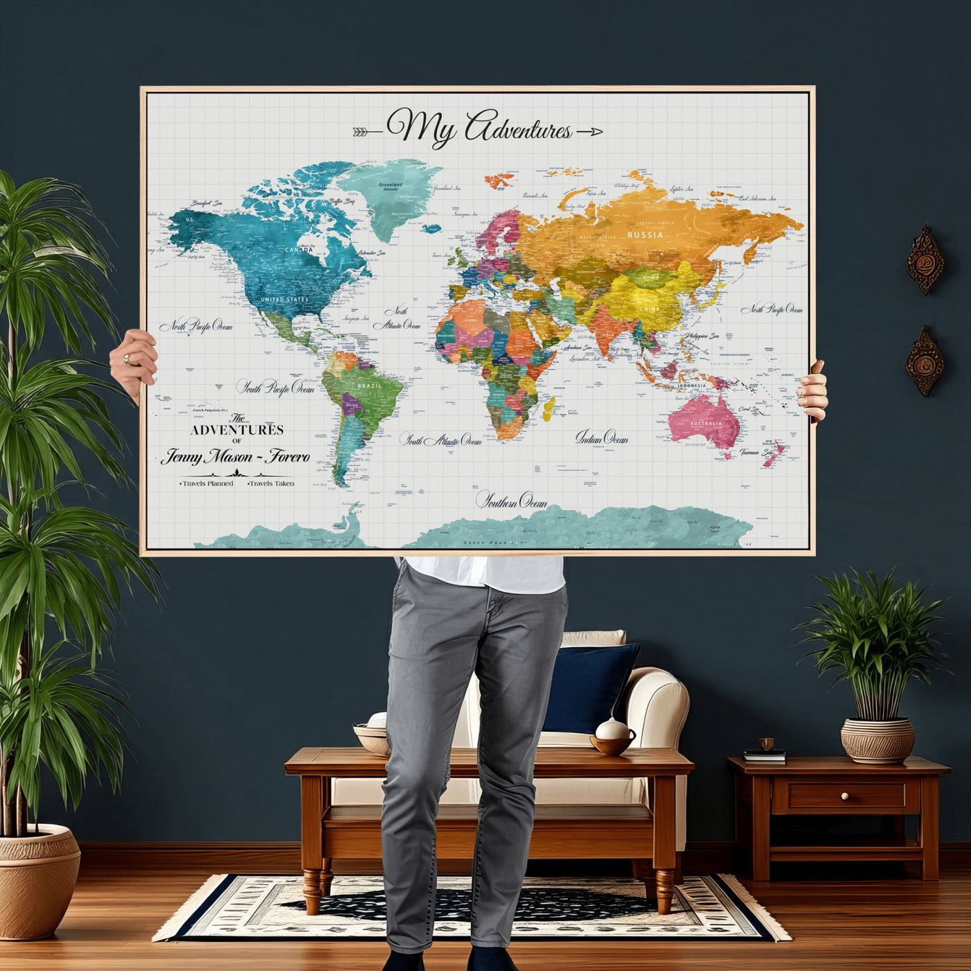 56239817-MGV-CV-36X24 - Custom Push Pin Watercolor World Map Canvas Wall Art Print – Abstract Colorful Travel Wall Decor