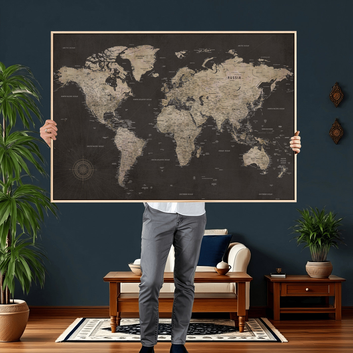 56556018136-MGV-CV-36X24 - World Map Canvas Wall Art Dark Charcoal Antique Tan Detailed Every Country Labeled Framed Large for Home Office Living Room Bedroom Decor