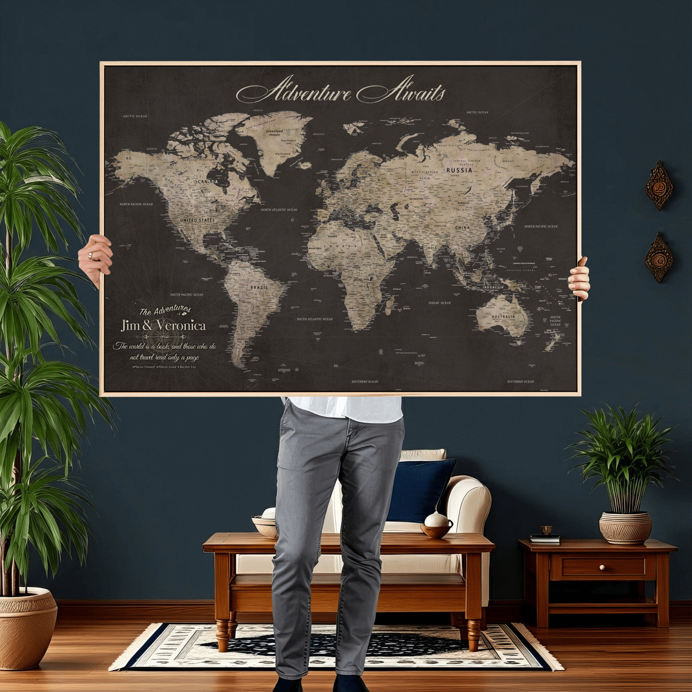 56556018136C-MGV-CV-36X24 - Custom World Map with Pins Canvas Wall Art Dark Charcoal Antique Tan Detailed Every Country Labeled Framed Large for Home Office Living Room Bedroom Decor