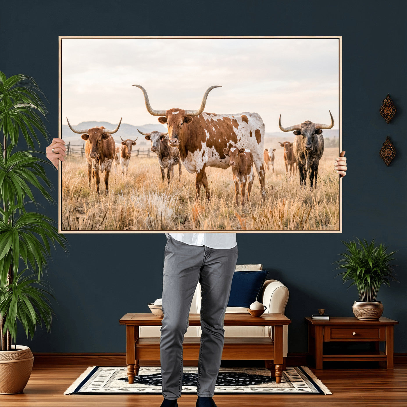 62336425AC-MGV-CV-36X24 - Texas Longhorn Canvas Wall Art, Rustic Farm Animal Photography Print, Farmhouse Country Decor, Western Ranch Art