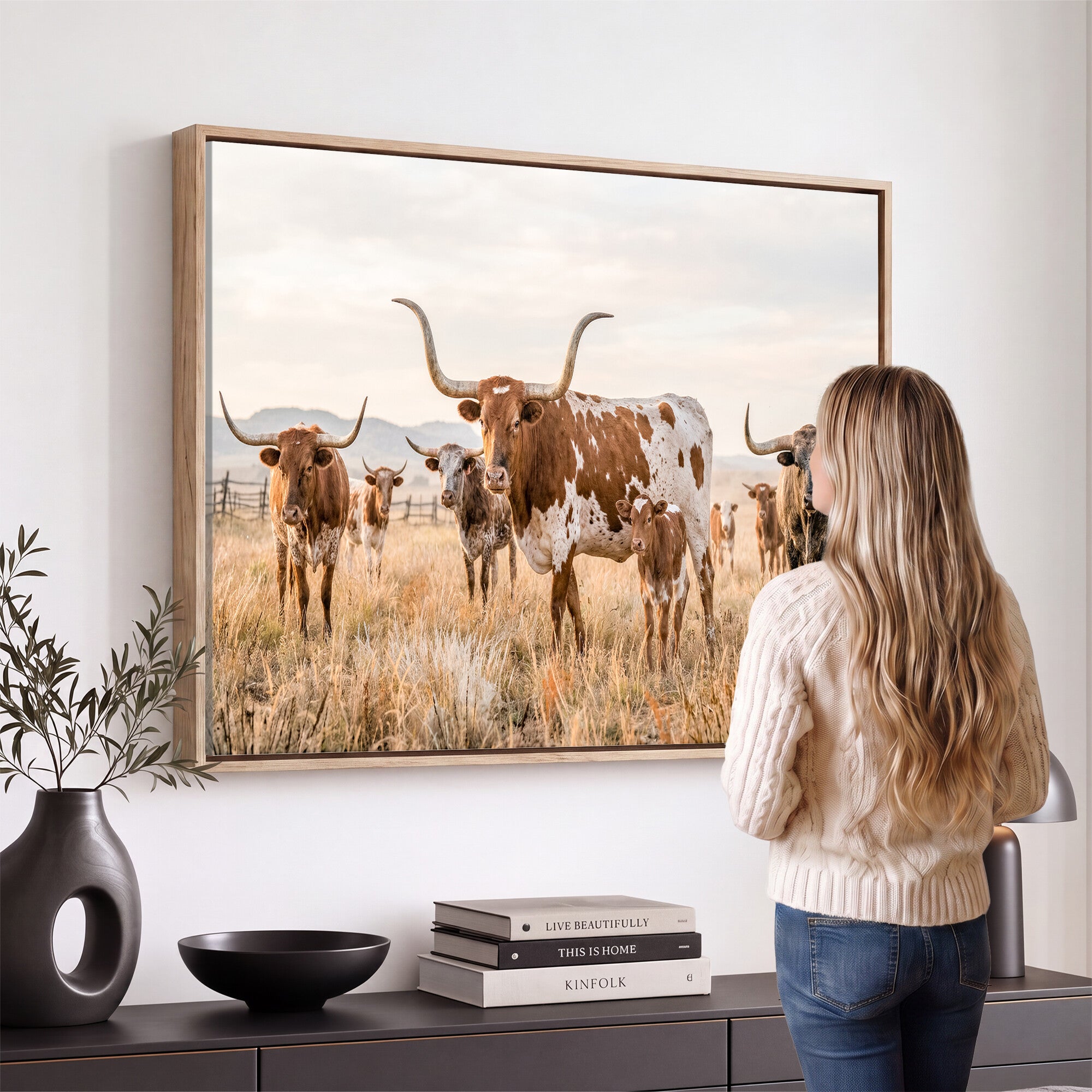 62336425AC-MGV-CV-36X24 - Texas Longhorn Canvas Wall Art, Rustic Farm Animal Photography Print, Farmhouse Country Decor, Western Ranch Art