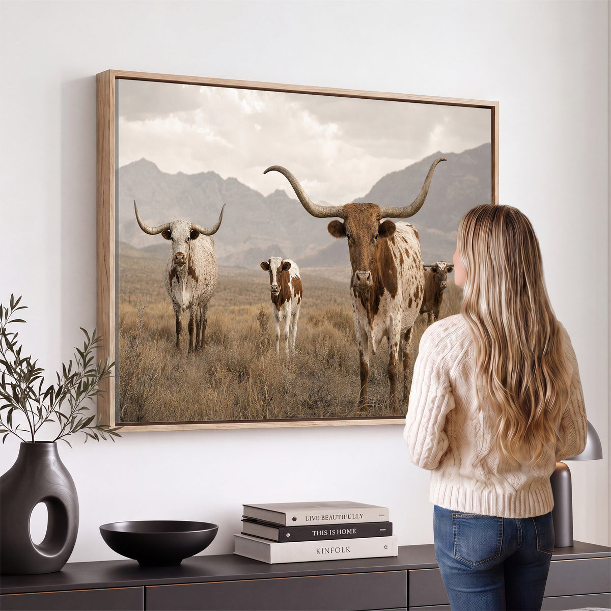 62336425AD-MGV-CV-36X24 - Rustic Texas Longhorn Cow Canvas Wall Art Print, Rustic Farm Animal Photography Print, Farmhouse Country Decor, Western Ranch Art
