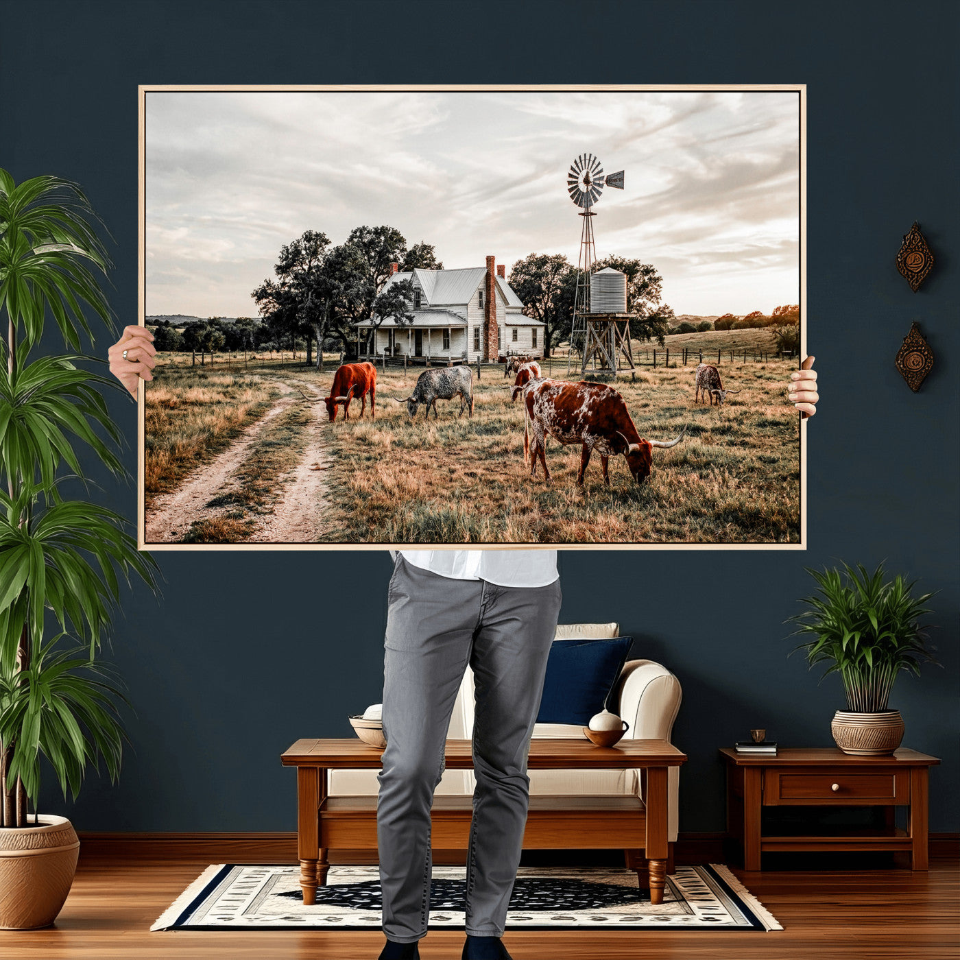 92429425-MGV-CV-36X24 - Texas Longhorn Ranch Wall Art Canvas Print, Rustic Western Farmhouse Decor, Country Landscape Canvas Wall Art, Vintage Cowboy Ranch Picture