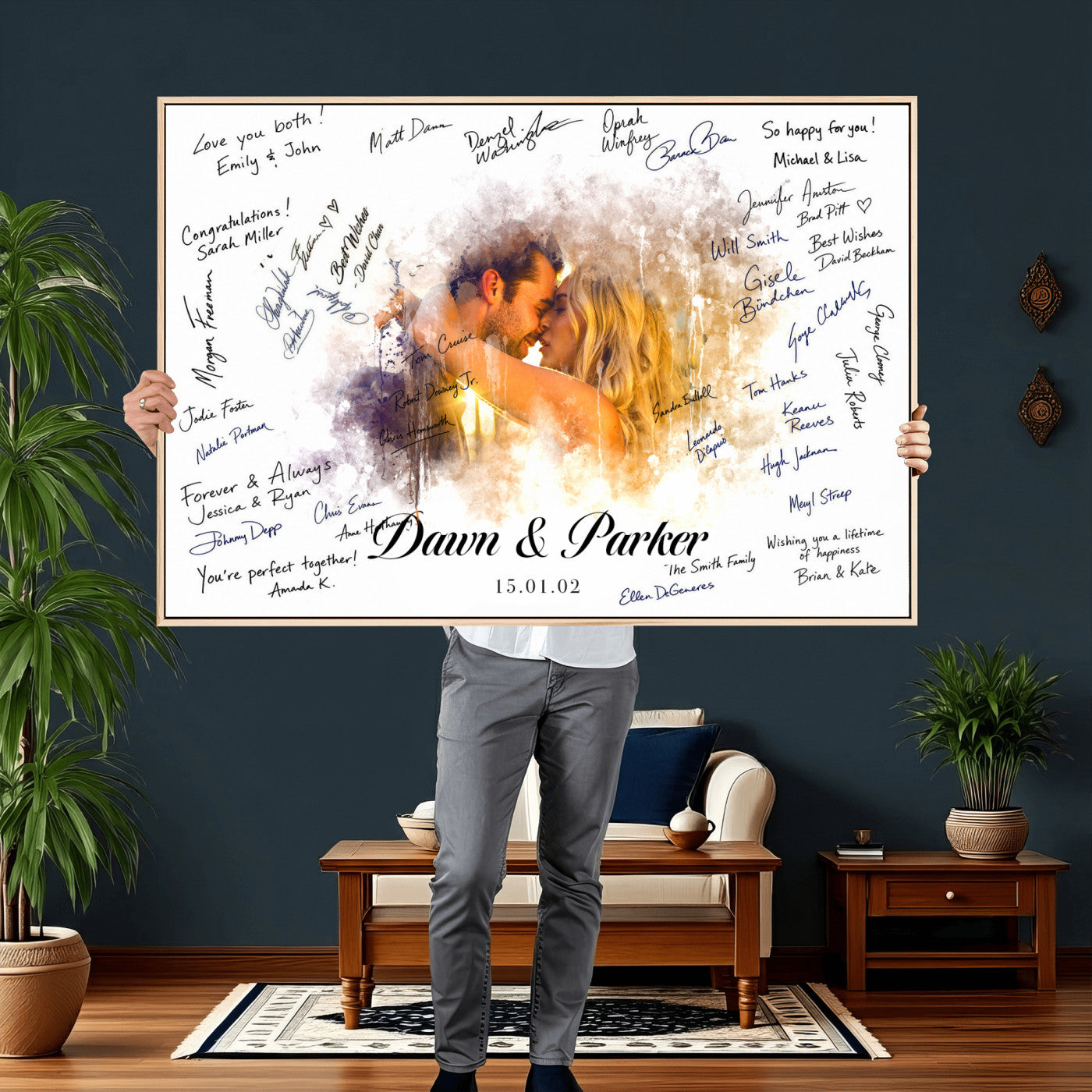 74713307-MGV-CV-36X24 - Wedding Guest Book Alternative Wall Art Canvas Print, Personalized Wedding Signature Poster, Custom Couple Photo Guestbook Canvas, Bridal Shower Reception Decor