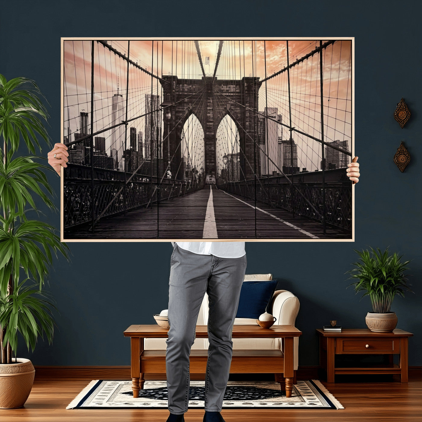 93226664-MGV-CV-36X24 - Brooklyn Bridge Canvas Wall Art, New York City Skyline Photography Print, NYC Landmark Urban Decor Artwork