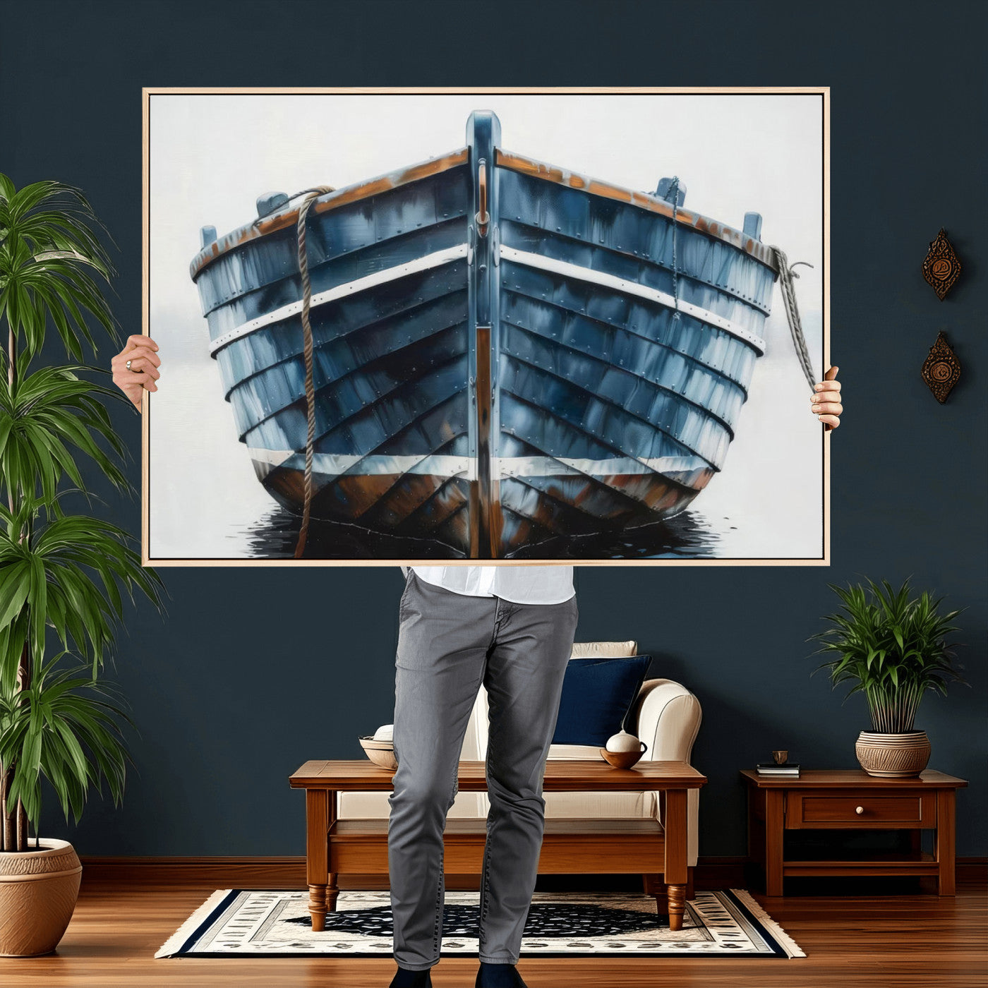 21601740-MGV-CV-36X24 - Blue Wooden Rowboat Canvas Wall Art, Coastal Nautical Boat Painting Print for Lake Beach House Decor, Minimalist Maritime Decor Artwork