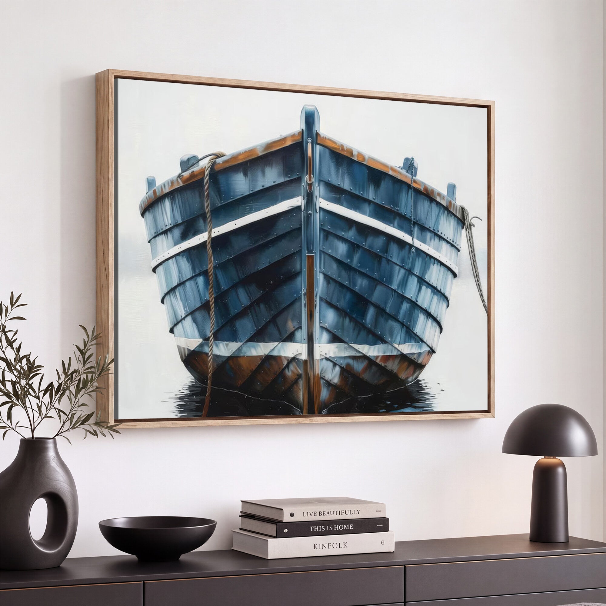21601740-MGV-CV-36X24 - Blue Wooden Rowboat Canvas Wall Art, Coastal Nautical Boat Painting Print for Lake Beach House Decor, Minimalist Maritime Decor Artwork