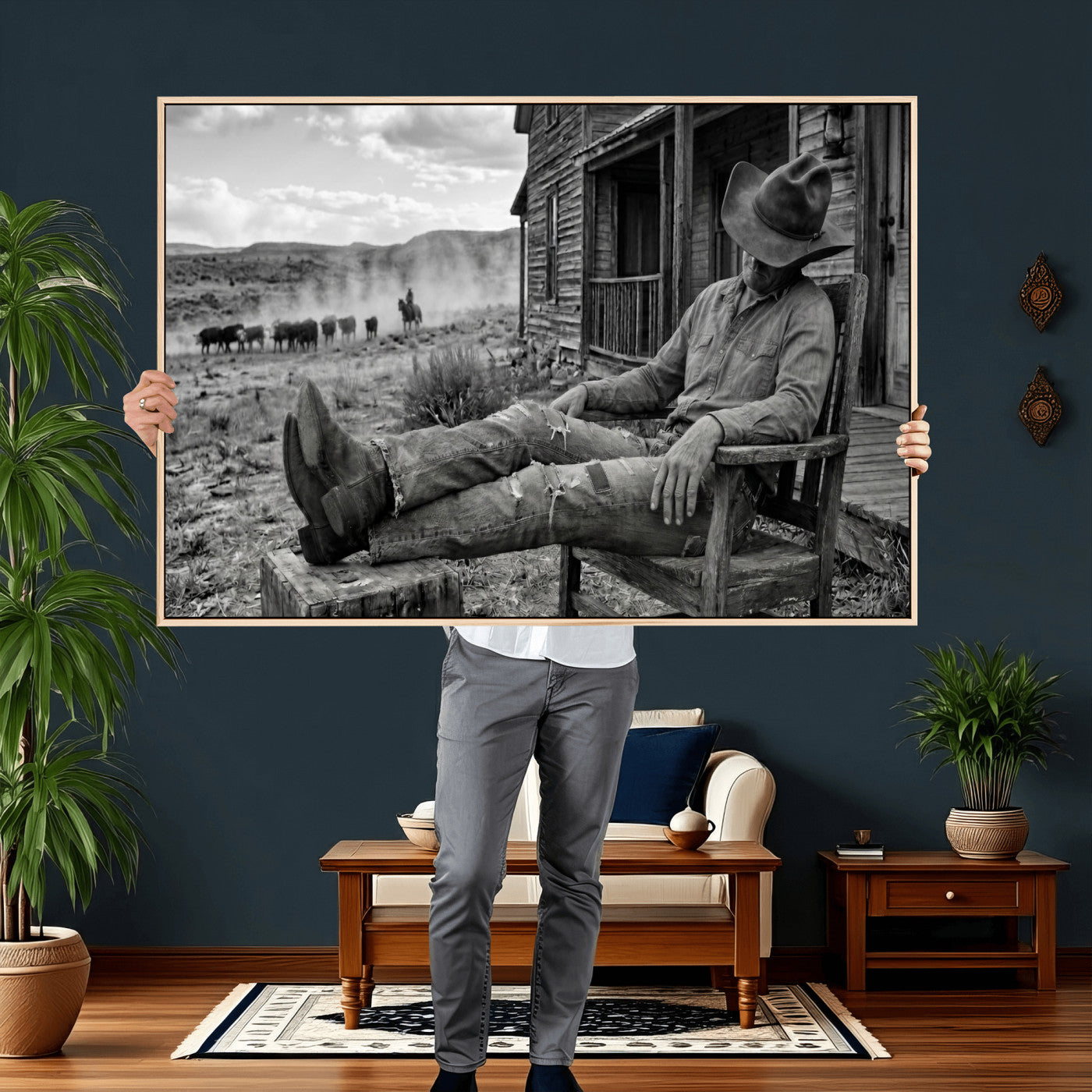 94461975S-MGV-CV-36X24 - Vintage Sleeping Cowboy Wall Art Canvas Print, Western Home Decor