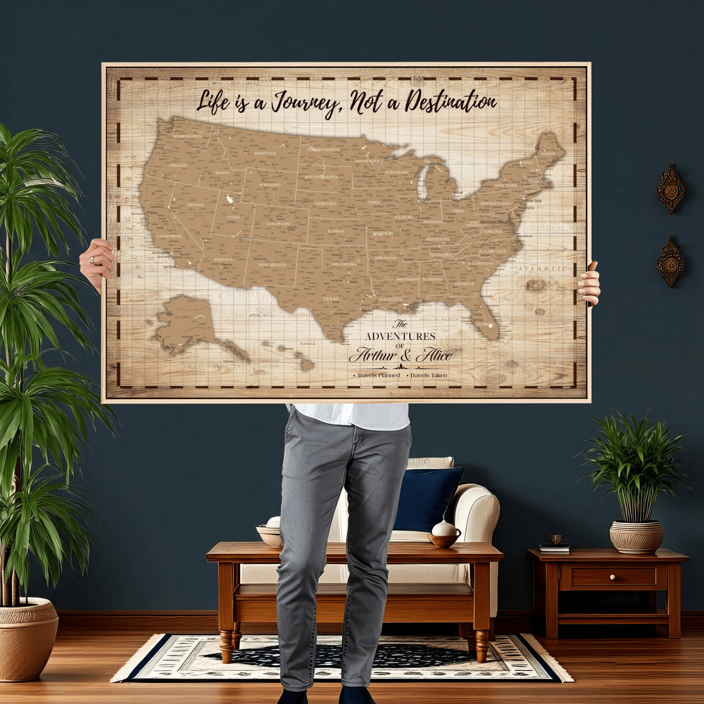 19102499-MGV-CV-36X24 - Personalized USA Push Pin Travel Map, Custom United States Map, Push Pin Map, USA Bucket List Map, Anniversary Gift | Couple Travel Map Wall Art