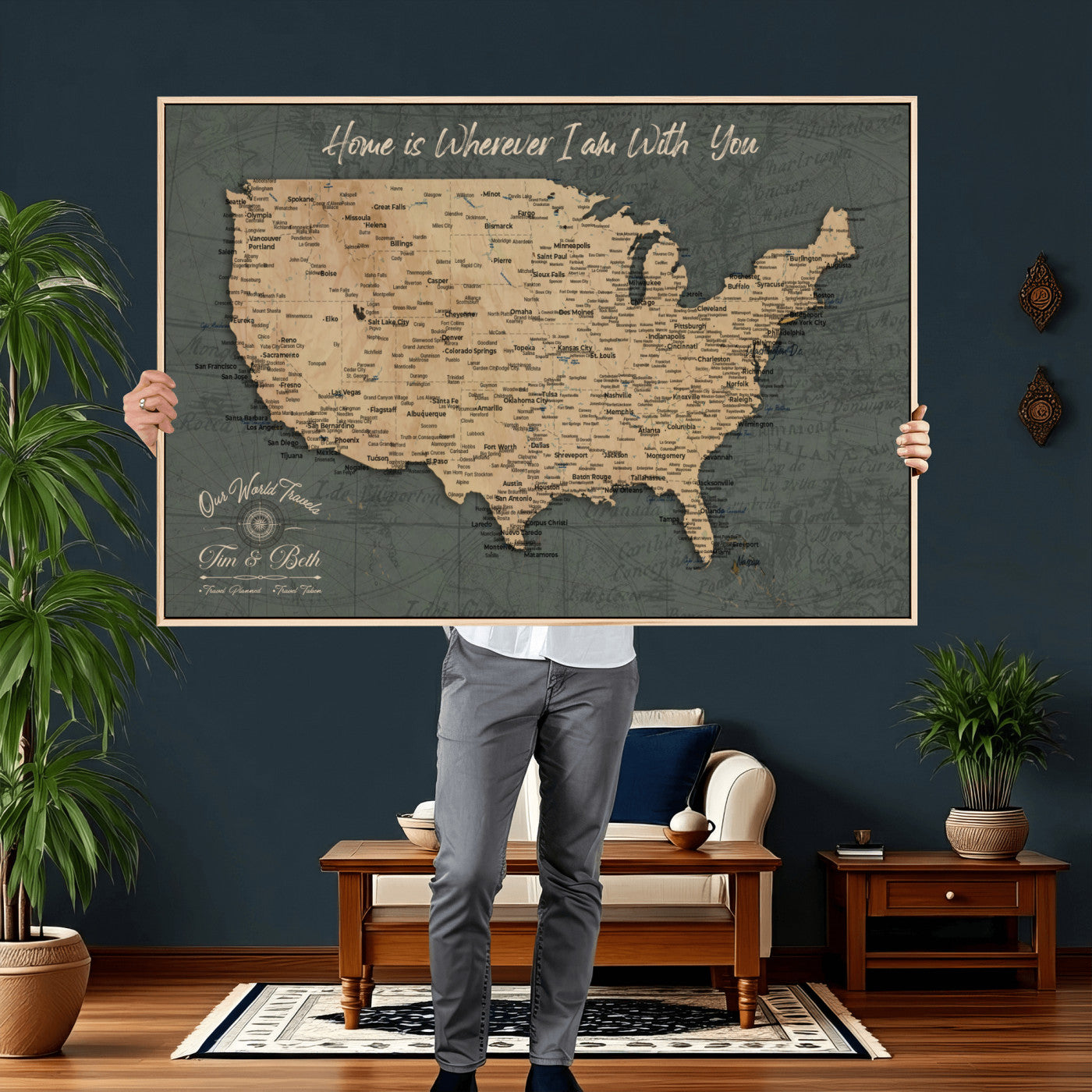 41270900-MGV-CV-36X24 - Custom Push Pin US Map Canvas | Personalized Travel Tracker | USA Cities Map Anniversary Gift for Couples | Adventure America Map Wall Art with Pins