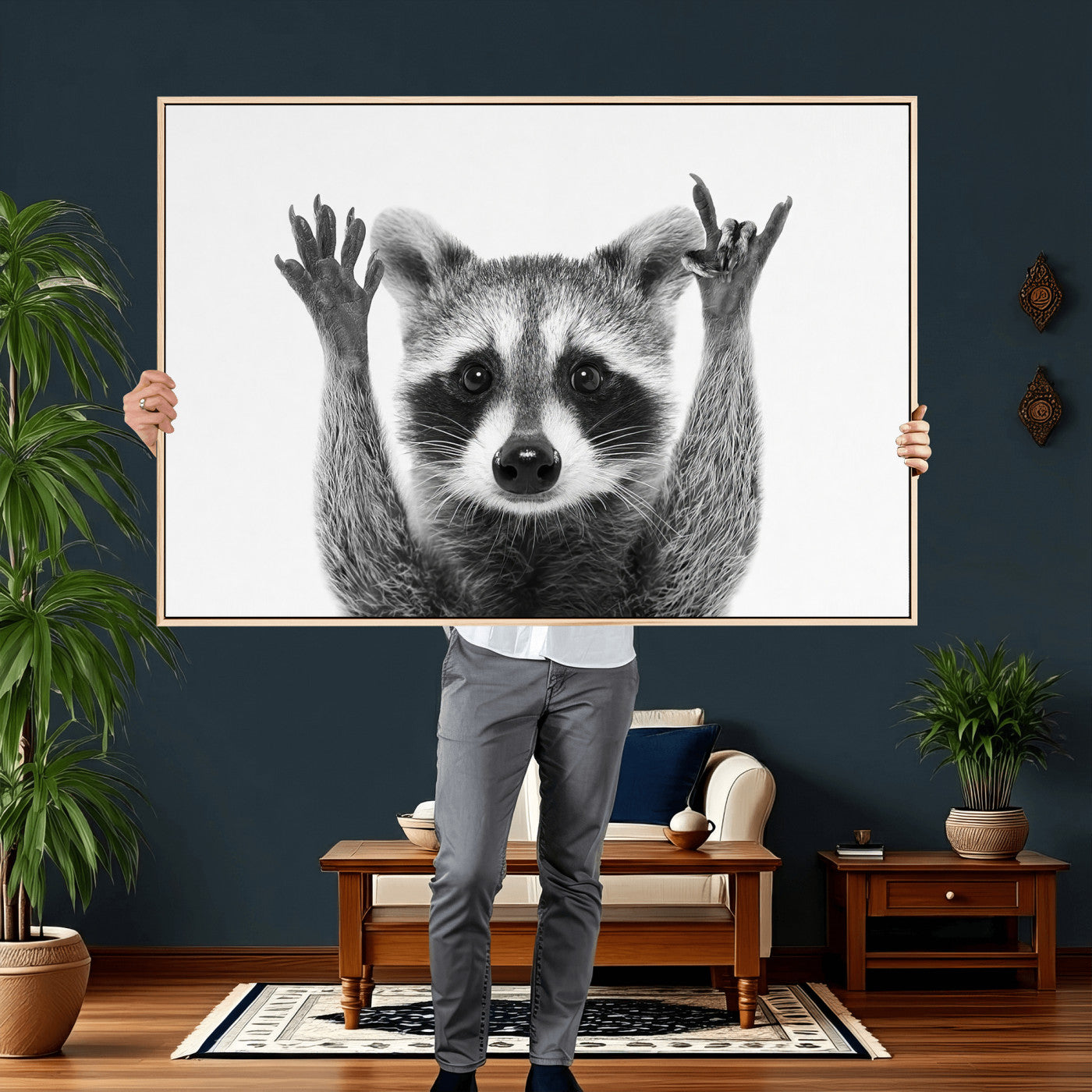 82392228-MGV-CV-36X24 - Funny Raccoon Canvas Wall Art, Black White Hands Up Animal Photo Print, Humorous Wildlife Decor, Kids Room Nursery Art, Quirky Animal Gift