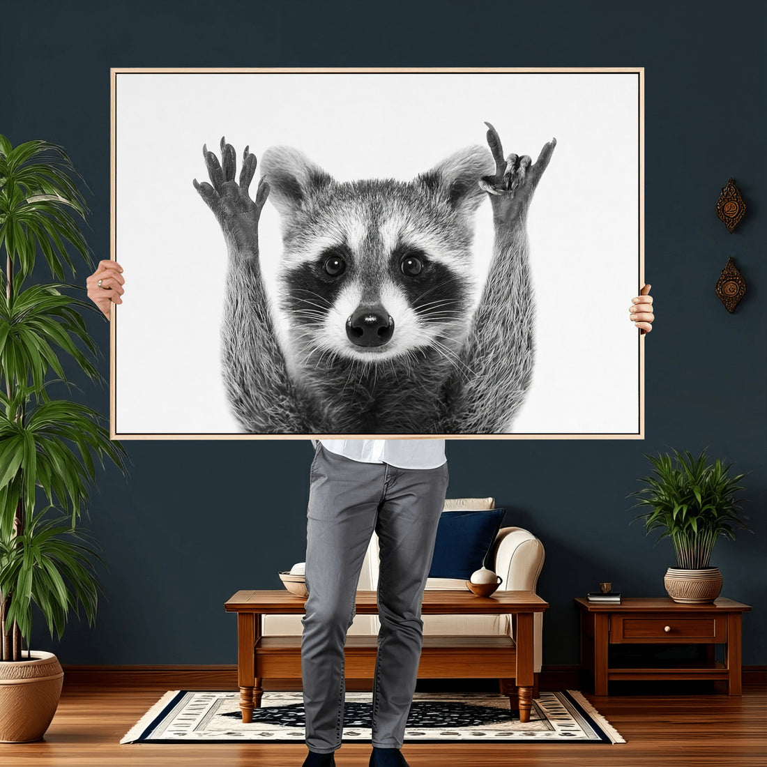 Funny Raccoon Canvas Wall Art, Black White Hands Up Animal Photo Print