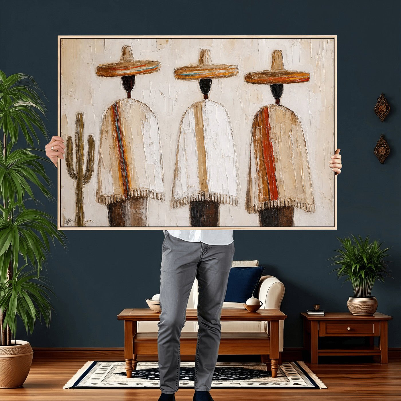 72884785-MGV-CV-36X24 - Mexican Folk Art Canvas Wall Art, Southwestern Sombrero Poncho Painting, Neutral Earthy Boho Decor, Fiesta Living Room Art, Impasto Style Print