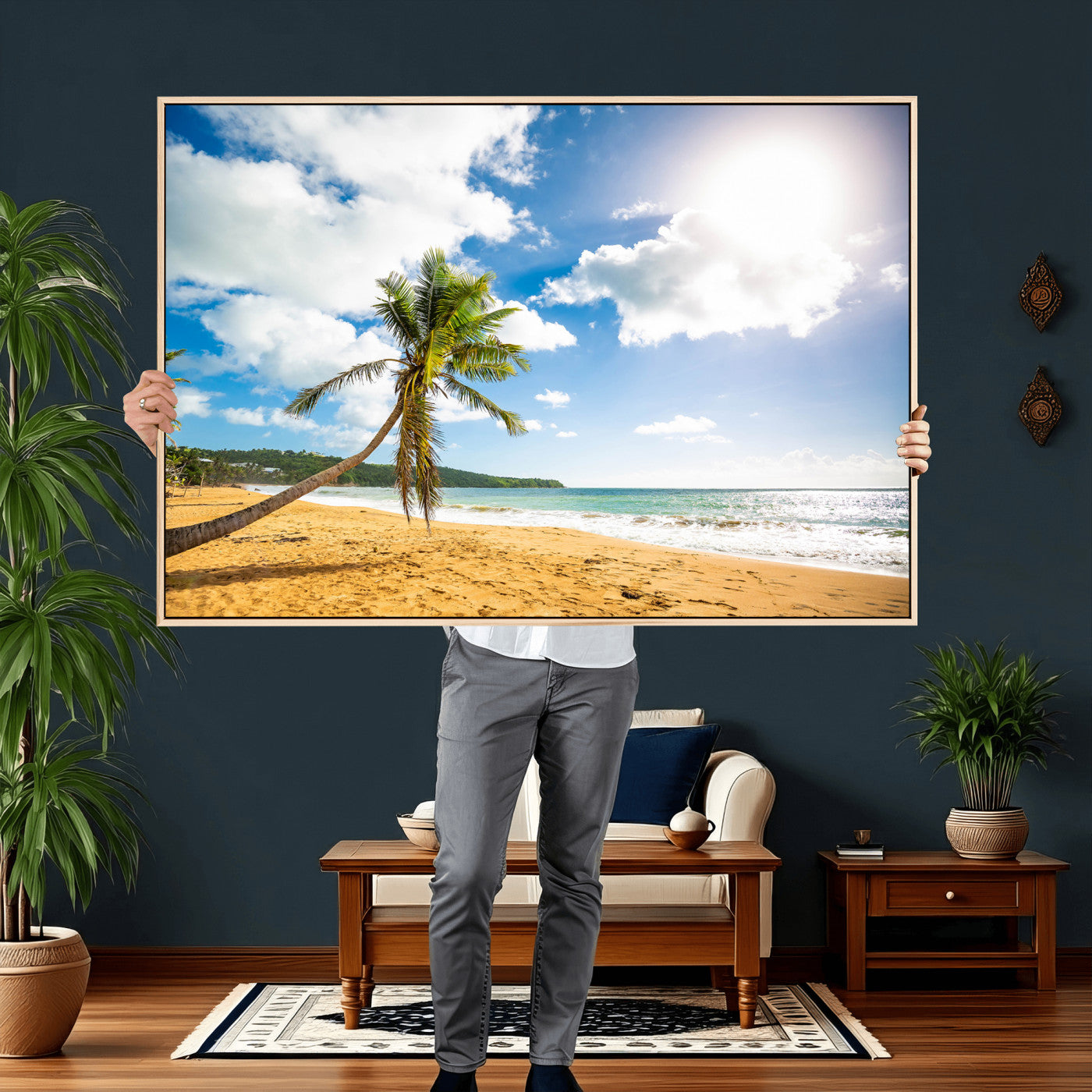 79108949-MGV-CV-36X24 - Tropical Beach Canvas Wall Art, Palm Tree Ocean Photo Print, Coastal Living Room Decor, Turquoise Sea Beach House Art, Summer Wall Art