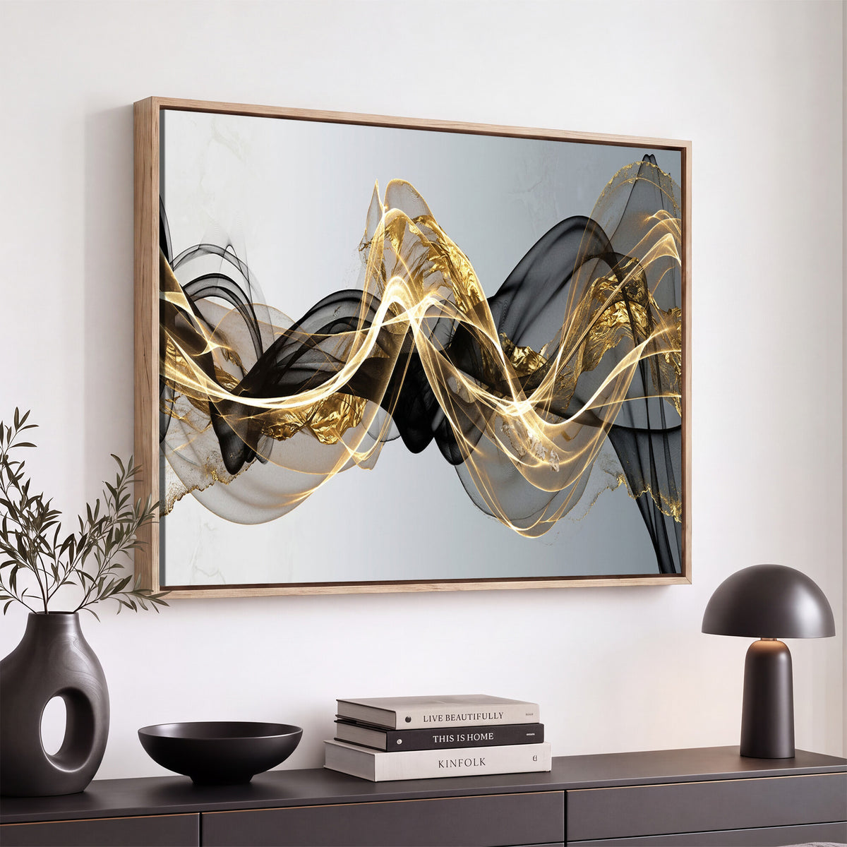 79483321DL-MGV-CV-36X24 - Black and Gold Abstract Wall Art, Modern Wave Canvas Print, Elegant Flowing Smoke Art, Luxury Living Room Decor