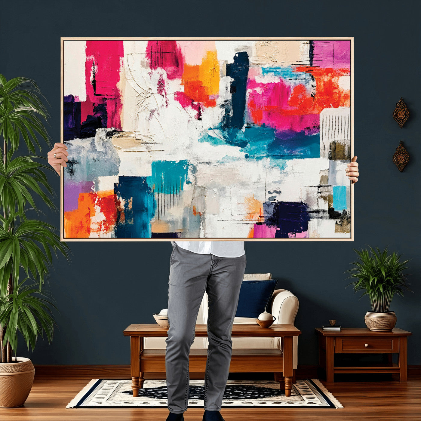 57864023-MGV-CV-36X24 - Blue Teal Abstract Canvas Wall Art | Modern Textured Painting Print, Navy Orange White Contemporary Art, Neutral Living Room Decor, Office Art