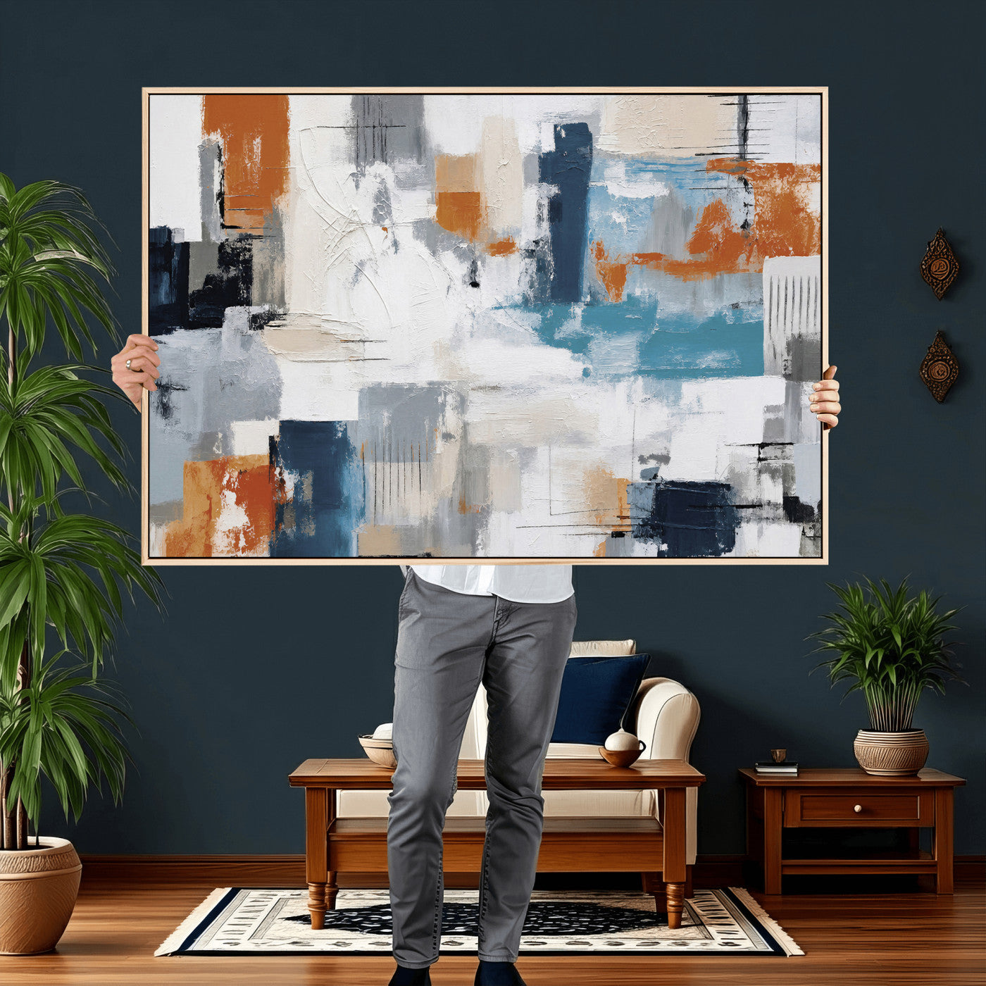 44950303-MGV-CV-36X24 - Blue Teal Abstract Canvas Wall Art, Modern Textured Painting Print, Navy Orange White Contemporary Art, Neutral Living Room Decor, Office Art