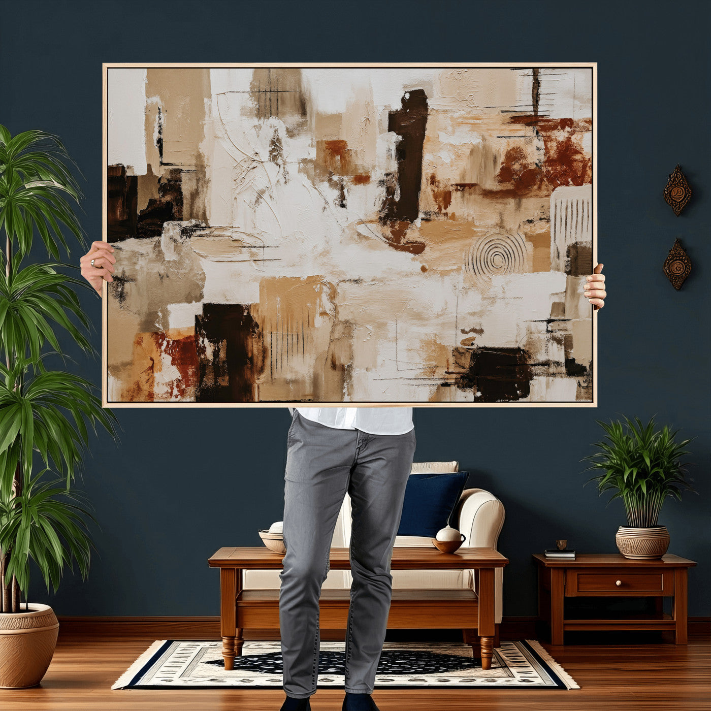 26560159-MGV-CV-36X24 - Blue Teal Abstract Canvas Wall Art, Modern Textured Painting Print, Navy Orange White Contemporary Art, Neutral Living Room Decor, Office Art