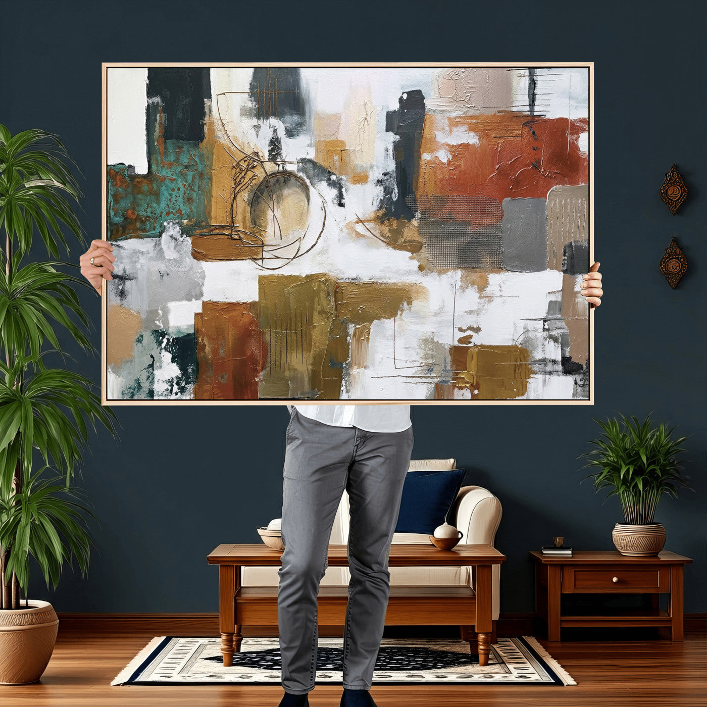 50720312-MGV-CV-36X24 - Blue Teal Abstract Canvas Wall Art, Modern Textured Painting Print, Navy Orange White Contemporary Art, Neutral Living Room Decor, Office Art
