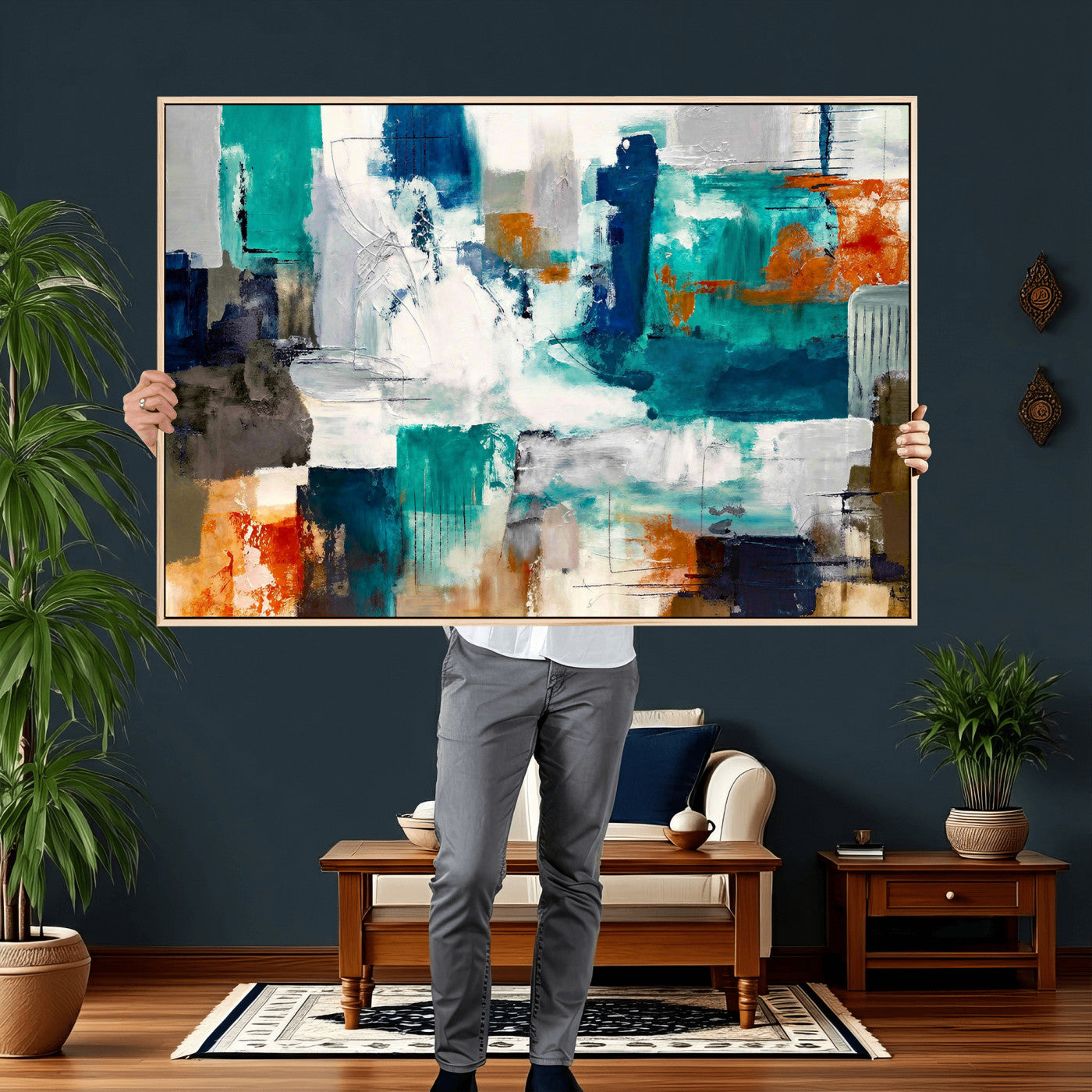 44038089-MGV-CV-36X24 - Blue Teal Abstract Canvas Wall Art, Modern Textured Painting Print, Navy Orange White Contemporary Art, Neutral Living Room Decor, Office Art