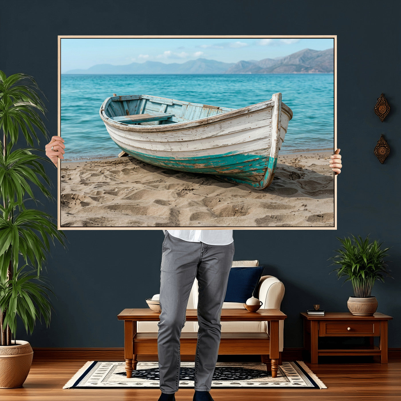 49963709-MGV-CV-36X24 - Coastal Boat Canvas Wall Art Print, Beach Boat Painting, Nautical Ocean Decor, Seascape Wall Art, Ready to Hang