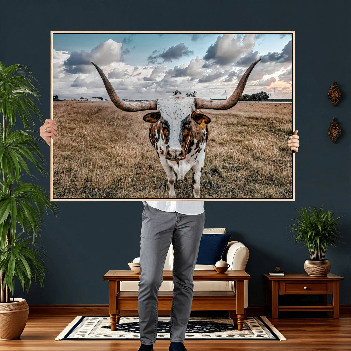 17464823-MGV-CV-36X24 - Texas Longhorn Canvas Wall Art Print, Western Cow Photography, Rustic Ranch Decor, Farmhouse Wall Art, Ready to Hang