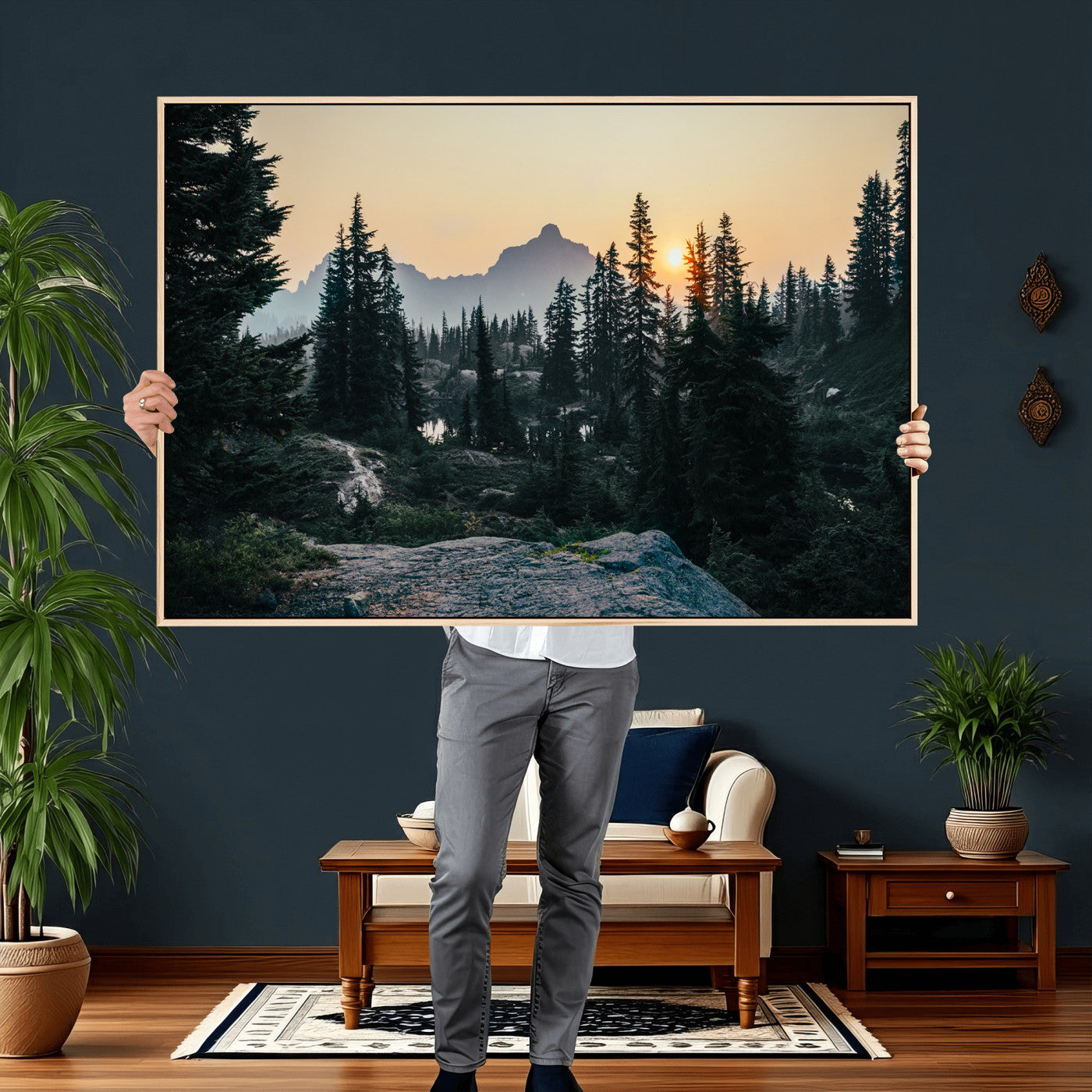 89996020-MGV-CV-36X24 - Mountain Forest Canvas Wall Art Print, Pine Tree Landscape, Sunset Nature Photography, Wilderness Wall Decor, Ready to Hang