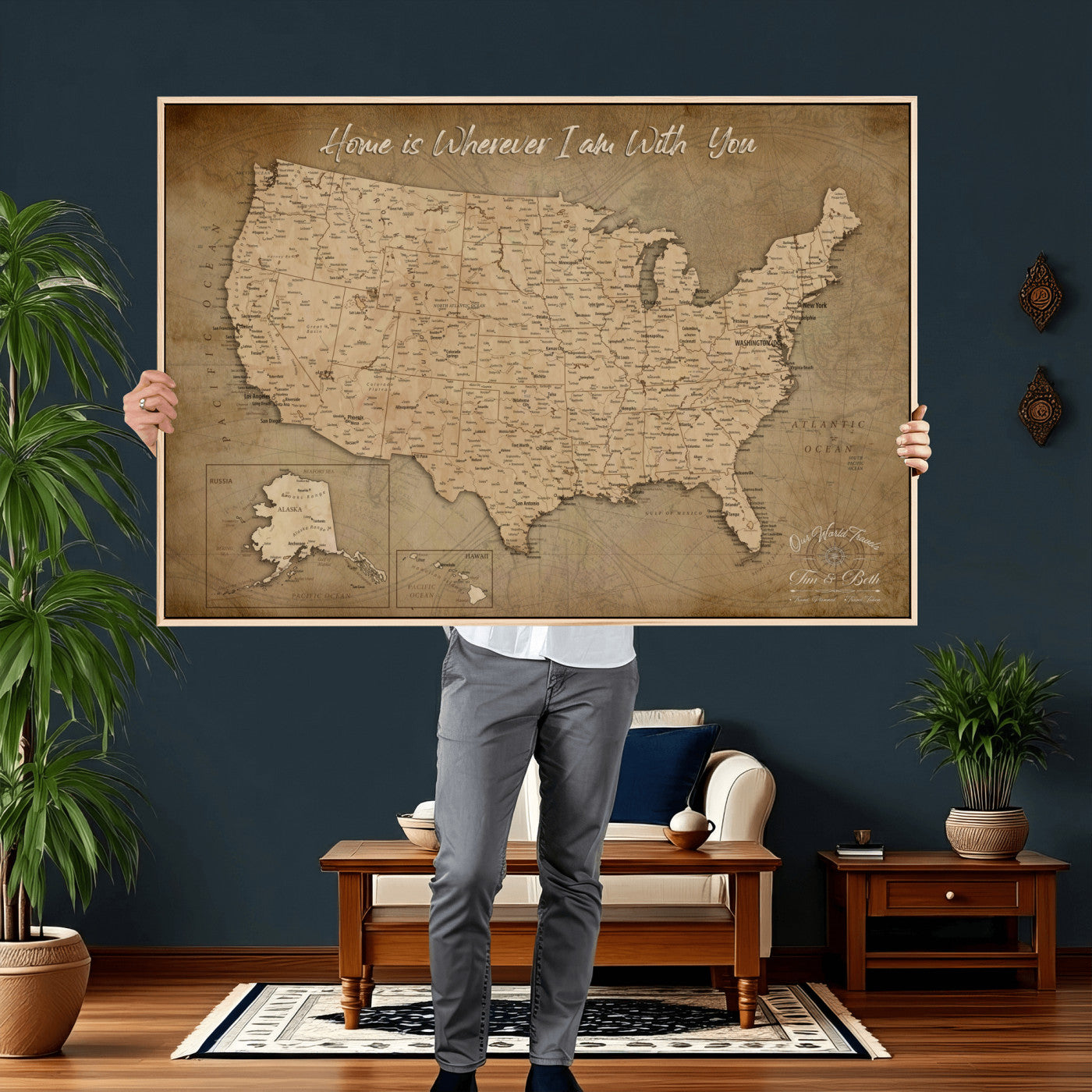 21454917-MGV-CV-36X24 - Personalized USA Push Pin Travel Map, Custom United States Map, Push Pin Map, USA Bucket List Map, Anniversary Gift, Couple Travel Map Wall Art