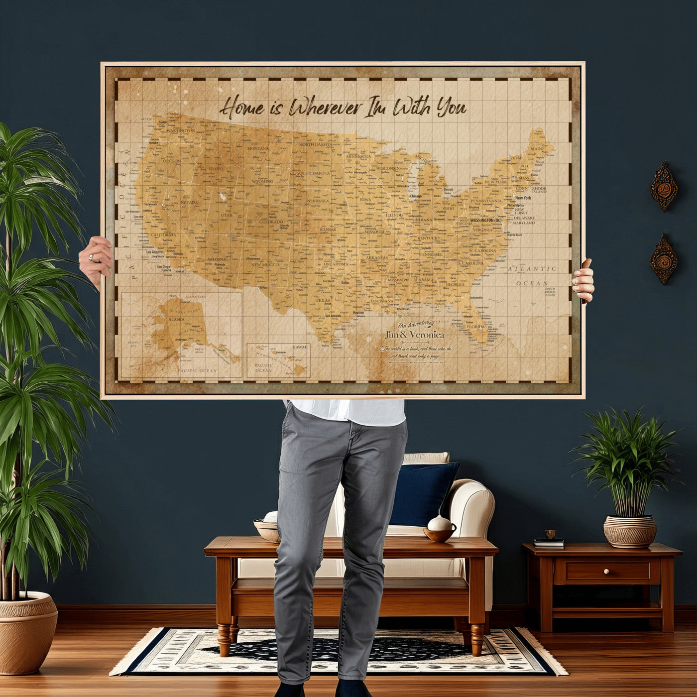 62164711-MGV-CV-36X24 - Personalized USA Push Pin Travel Map, Custom United States Map, Push Pin Map, USA Bucket List Map, Anniversary Gift, Couple Travel Map Wall Art