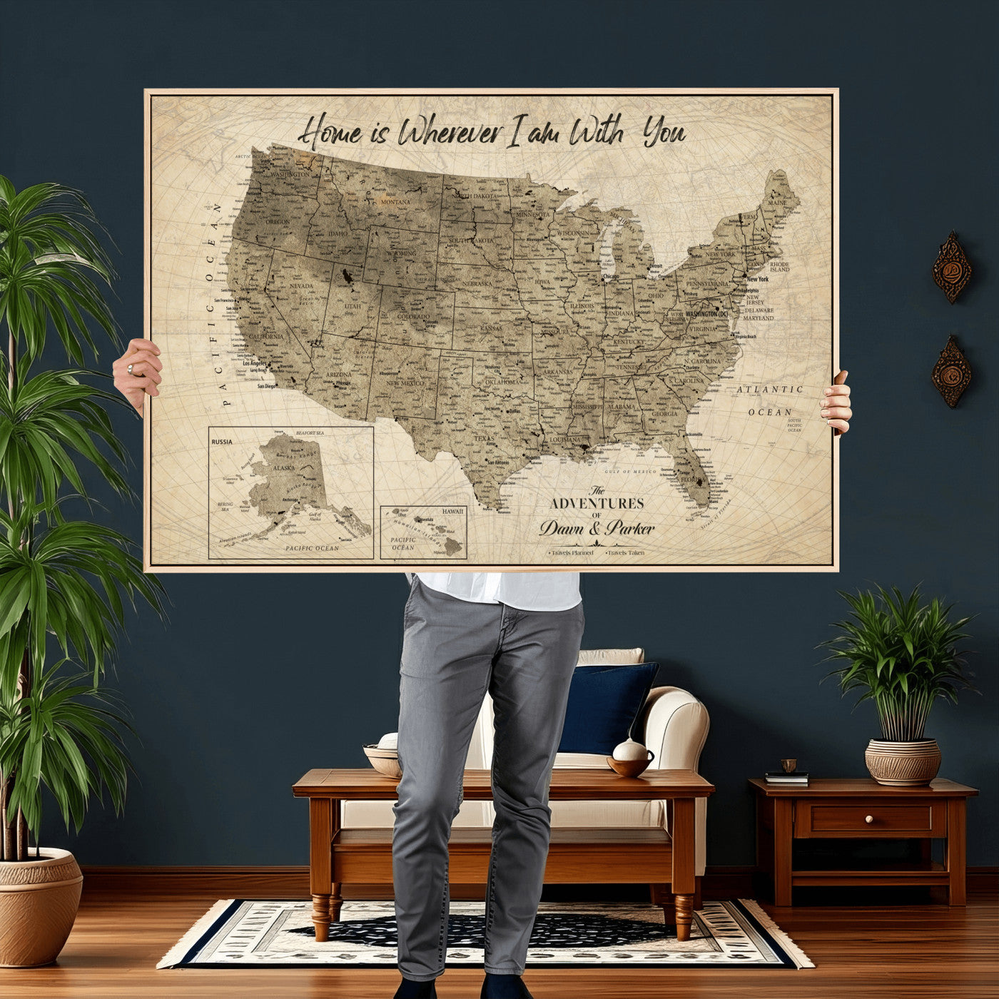 25440520-MGV-CV-36X24 - Personalized United States Map Canvas Wall Art with Push Pins Detailed