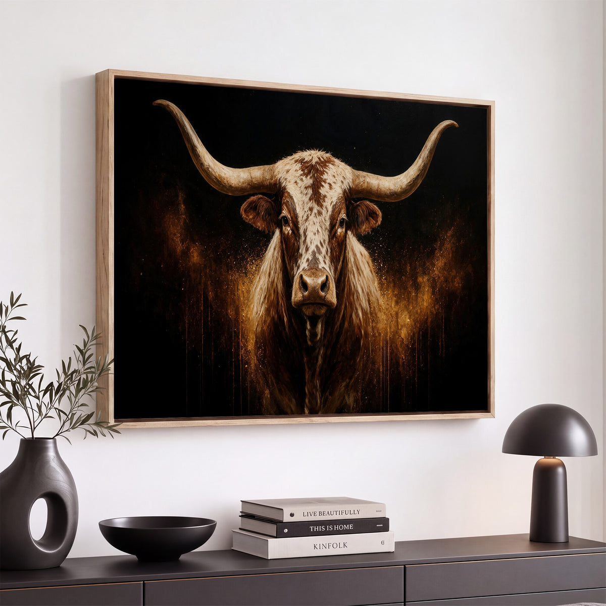 62076449-MGV-CV-36X24 - Texas Bull Cow Longhorn Canvas Wall Art Moody Western Bull Oil Painting Print