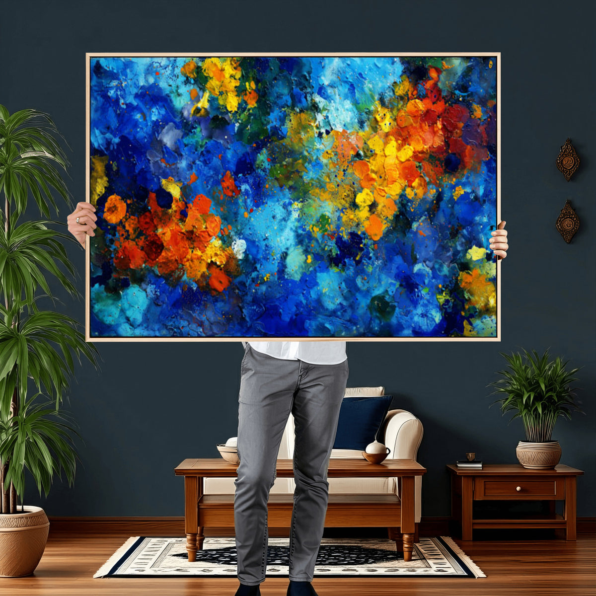 52431611-MGV-CV-36X24 - Vibrant Blue Abstract Canvas Wall Art Colorful Impasto Oil Painting Print