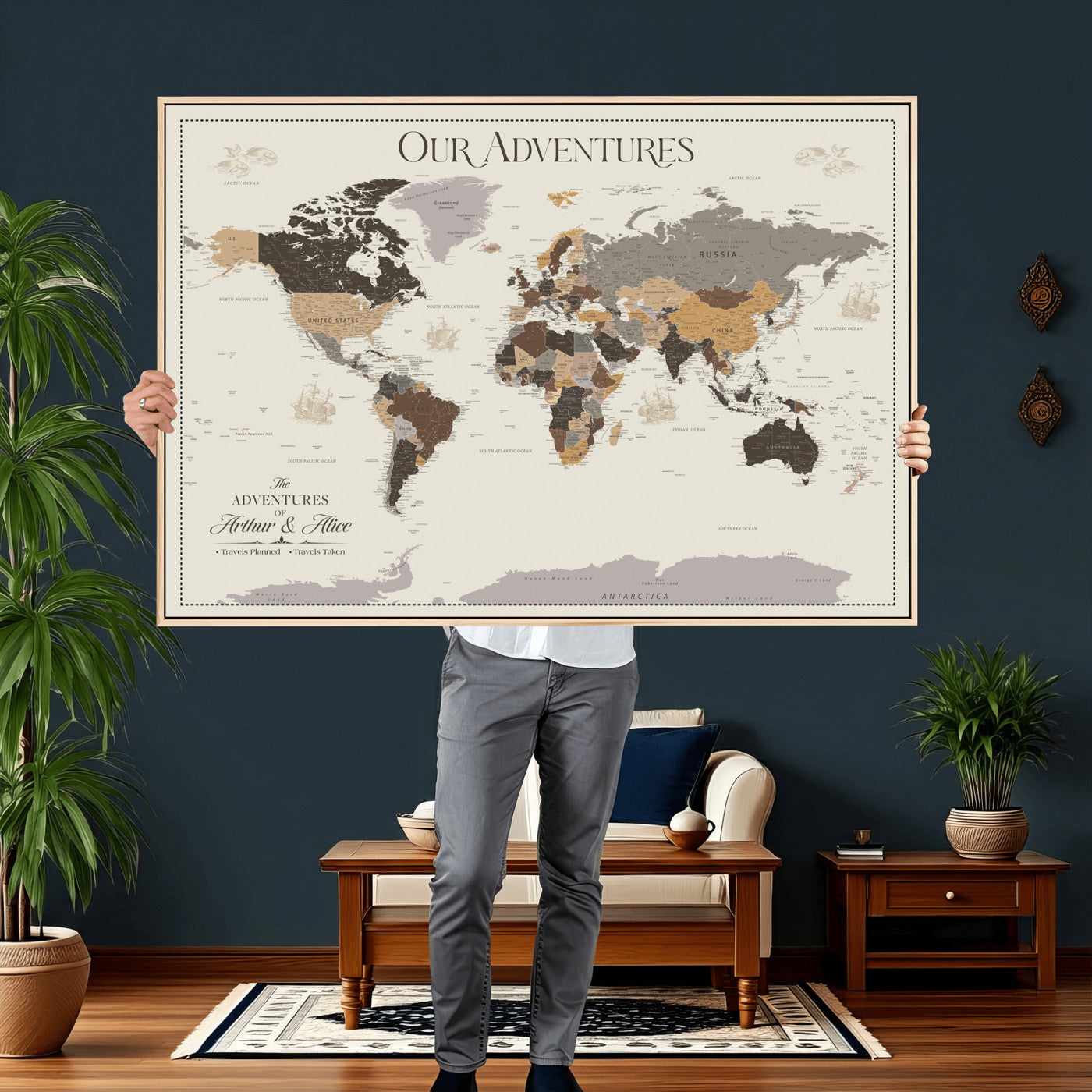 58777746A-MGV-CV-36X24 - Push Pin Customize World Map Wall Art Canvas Print, Modern Decorative Framed Map Artwork Prints for Living Room, Office, Bedroom Wall Decor