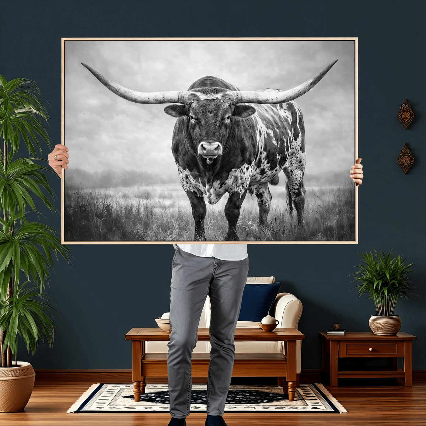 11121585-MGV-CV-36X24 - Texas Bull Wall Art Canvas Print for Farmhouse Restaurant Wall Decor