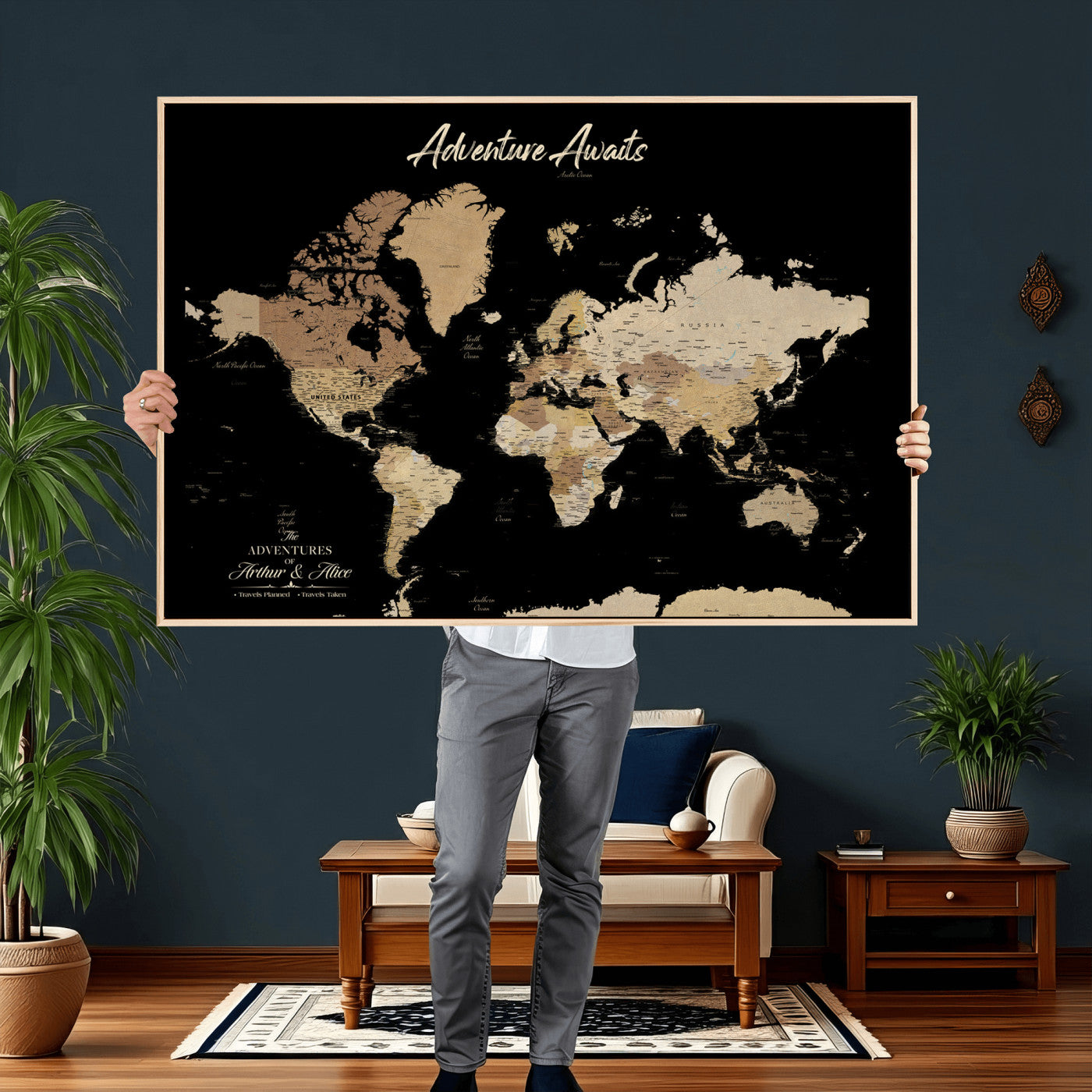 88415067-MGV-CV-36X24 - Custom Push Pin World Map Canvas Print – Personalized Travel Map Wall Art