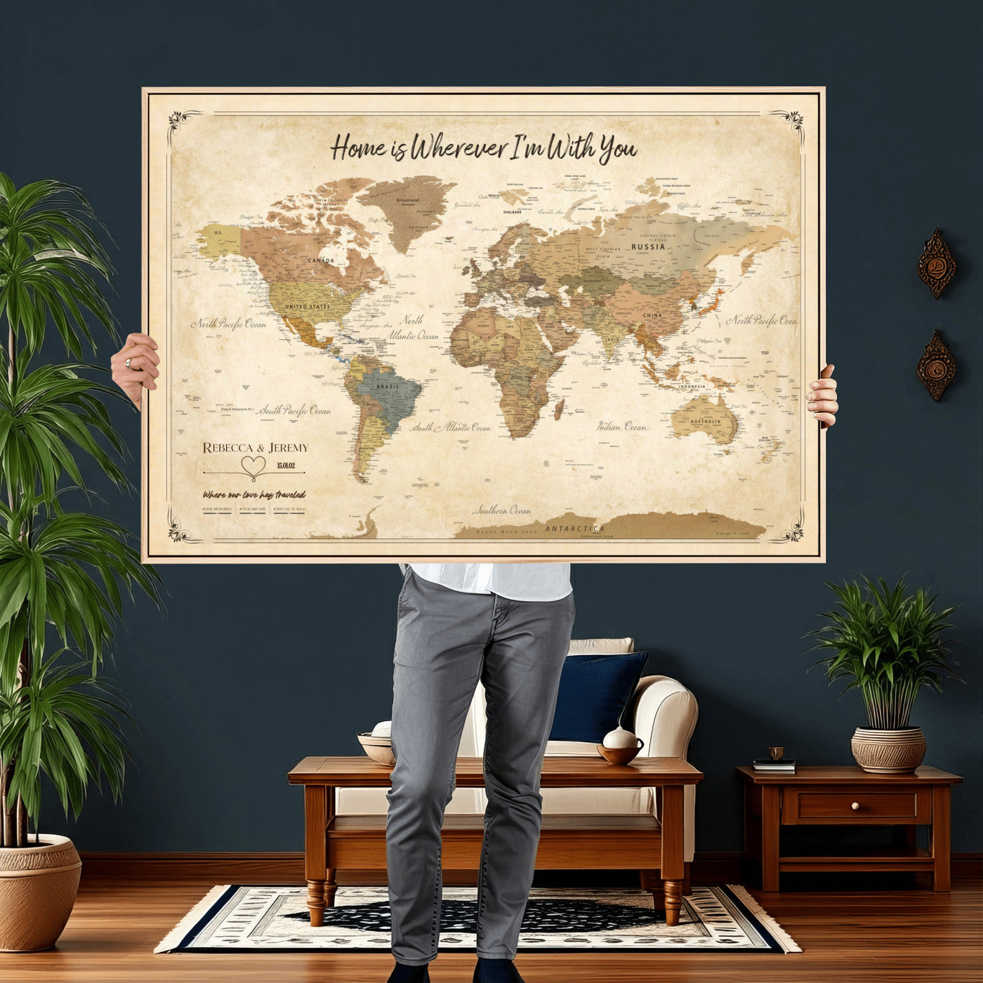 40086165-MGV-TP-30X20 - Framed Vintage Custom Push Pin World Map Canvas Print – Personalized Travel Map Wall Art