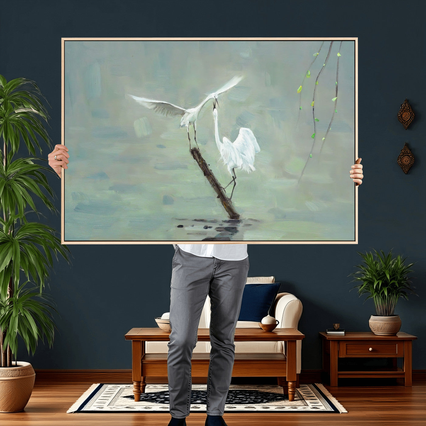 91124838-MGV-CV-36X24 - Two White Egrets on Marsh Branch Wall Art Canvas Print - Vintage Style Coastal Bird Poster