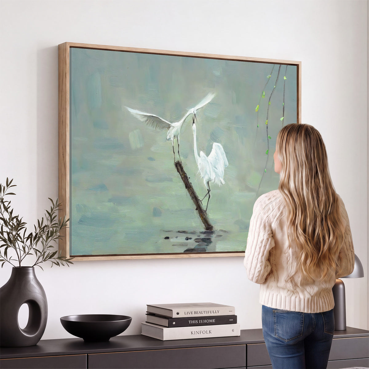 91124838-MGV-CV-36X24 - Two White Egrets on Marsh Branch Wall Art Canvas Print - Vintage Style Coastal Bird Poster