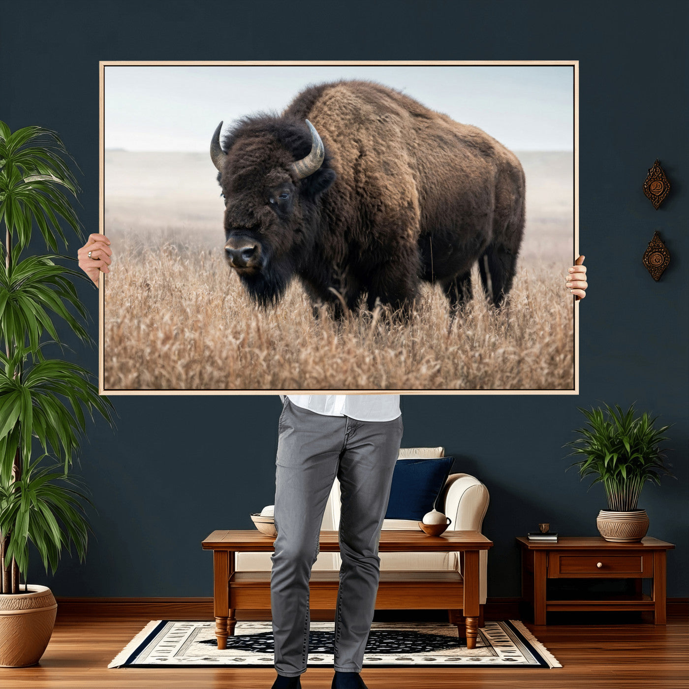 81029583-MGV-CV-36X24 - American Bison in Prairie Field Wall Art Canvas Print - Rustic Wildlife Photography