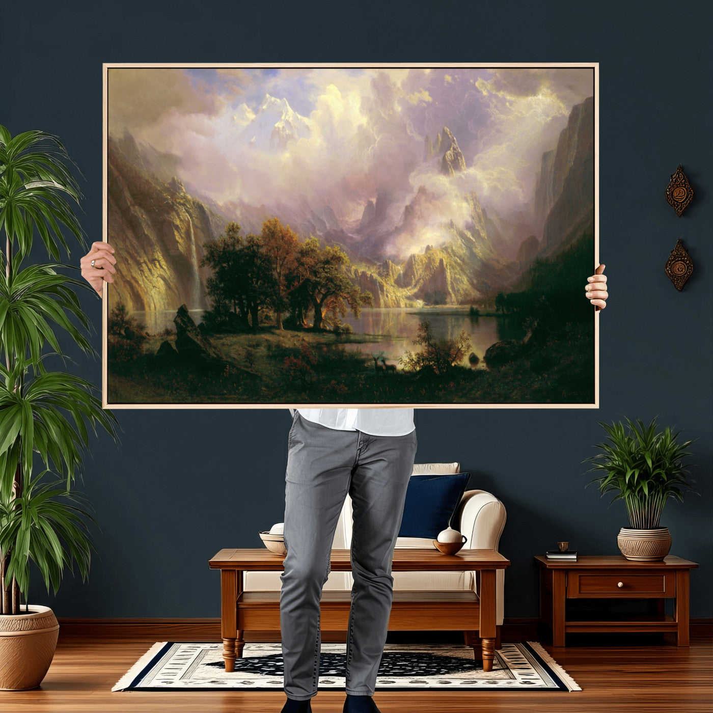 49189463-MGV-CV-36X24 - Albert Bierstadt Rocky Mountain Landscape Wall Art Canvas Print, Classic Fine Art Painting Print