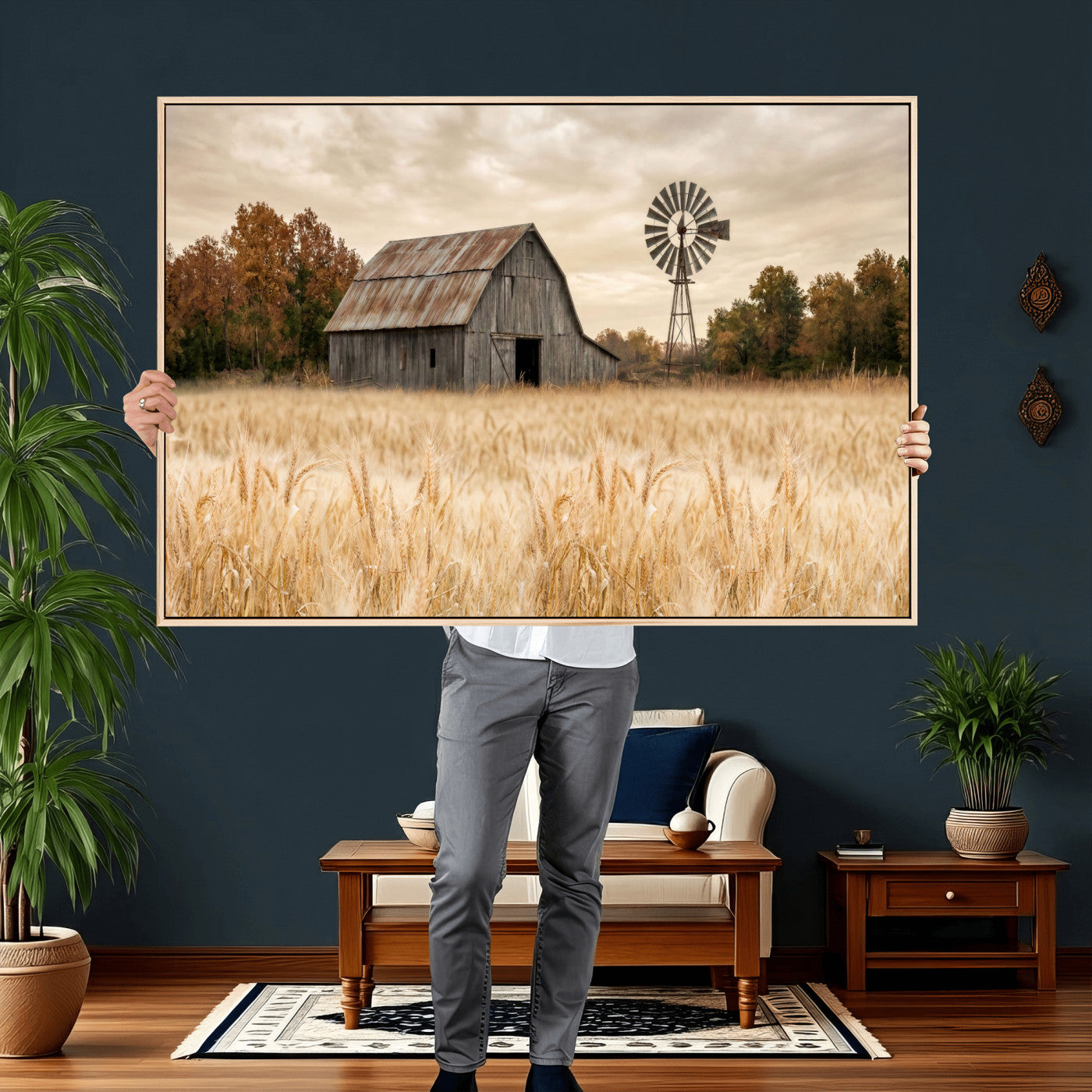 99640659-MGV-CV-36X24 - Rustic Farmhouse Barn and Windmill Wall Art Canvas Print, Country Landscape Photography Print