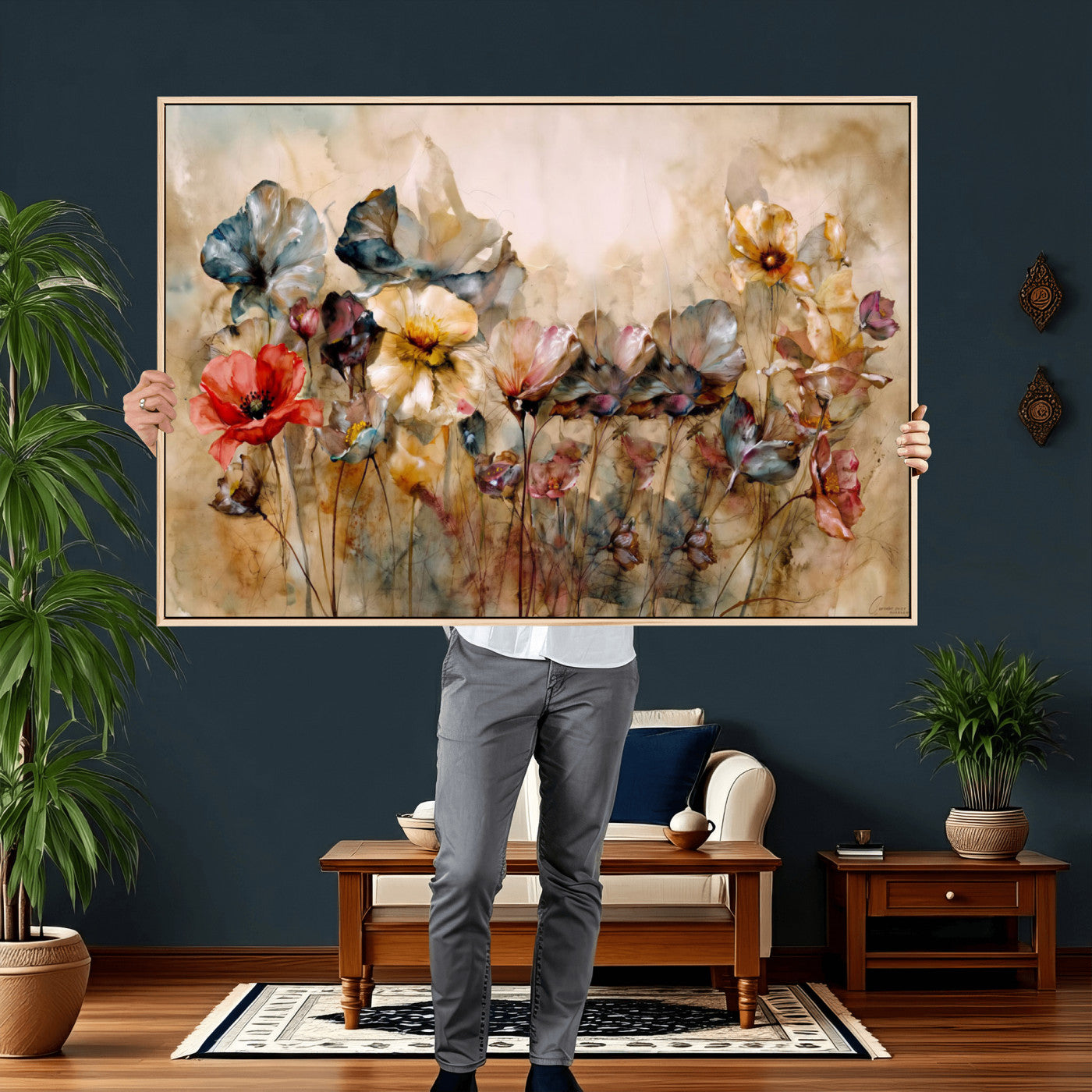 11407233-MGV-CV-36X24 - Vintage Dried Floral Meadow Wall Art Canvas Print, Translucent Watercolor Flowers Painting Print