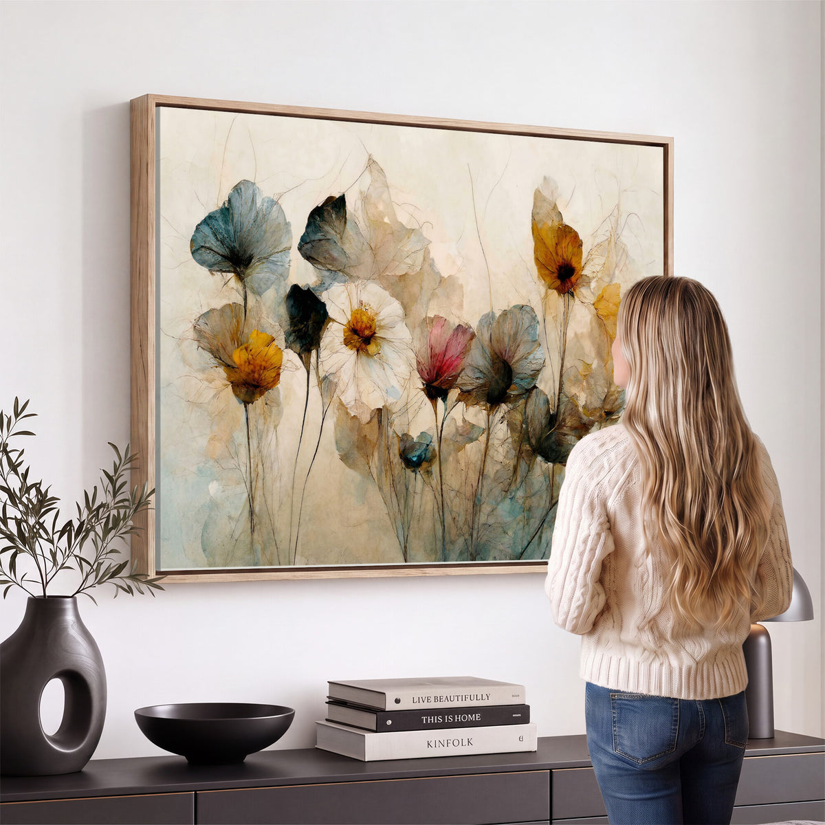 86802229-MGV-CV-36X24 - Vintage Dried Floral Meadow Wall Art Canvas Print, Translucent Watercolor Flowers Painting Print