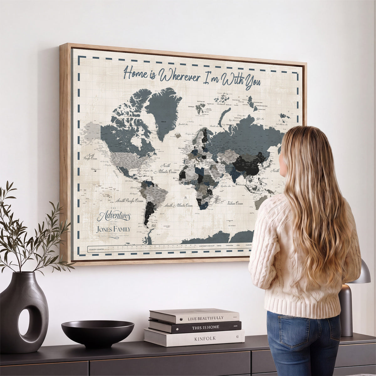 400867164-MGV-CV-36X24 - Framed Blue Custom Push Pin World Map Canvas Print – Personalized Travel Map Wall Art