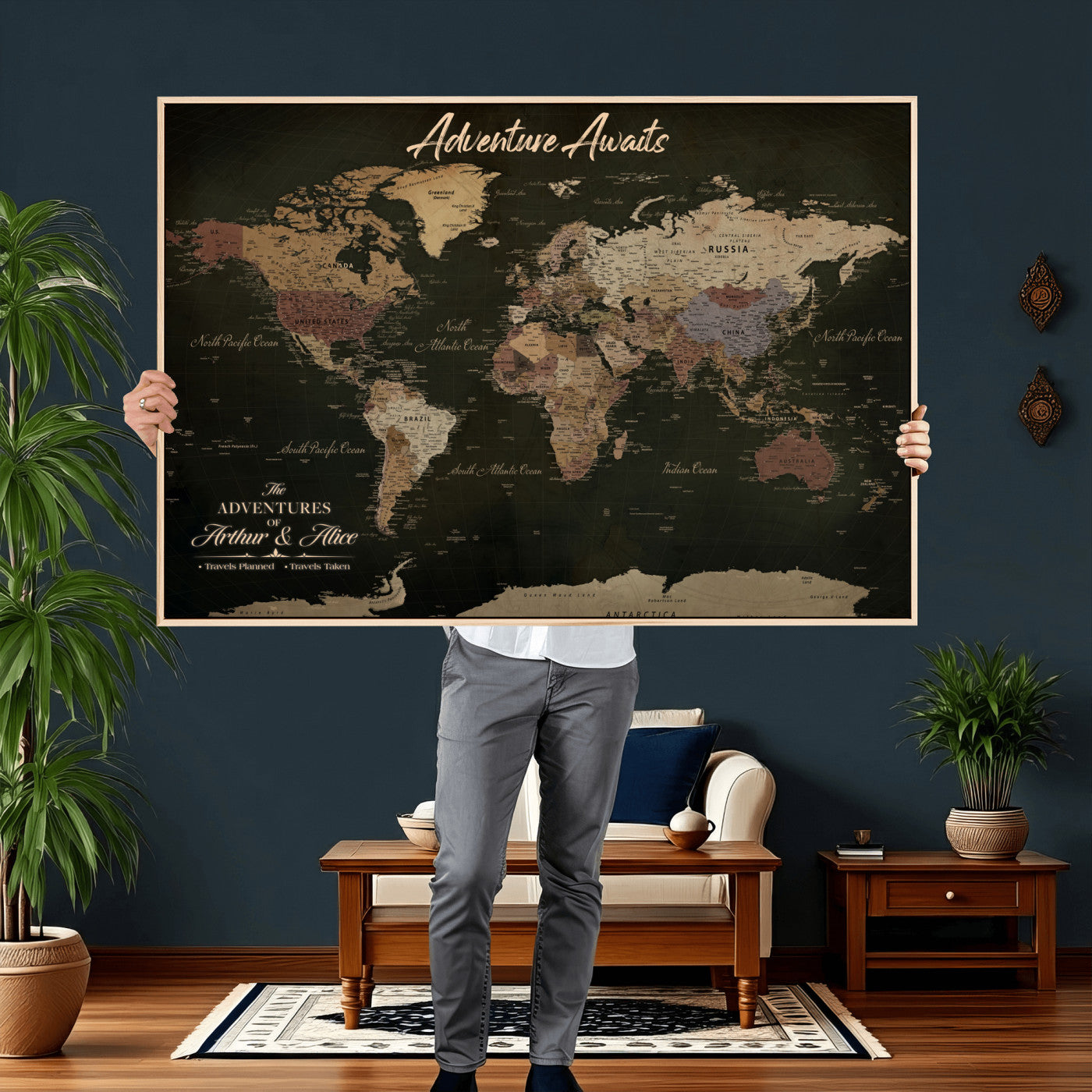 46935759-MGV-CV-36X24 - Custom Push Pin World Map Canvas | Personalized Travel Tracker | Wedding Anniversary Gift for Couples | Adventure Map Wall Art with Pins