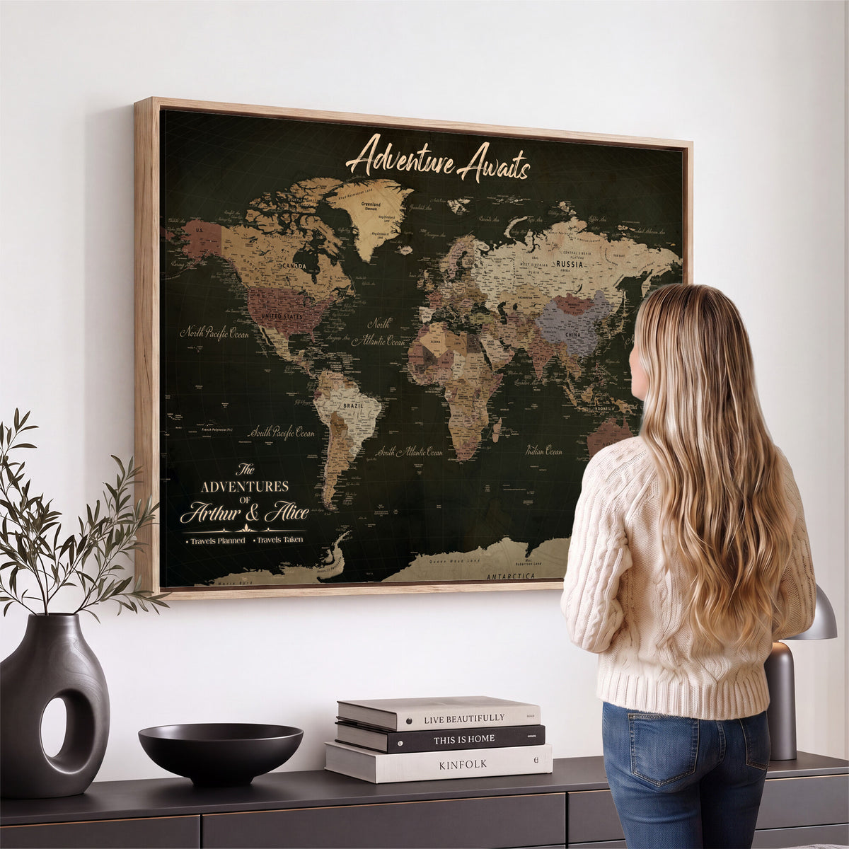 46935759-MGV-CV-36X24 - Custom Push Pin World Map Canvas | Personalized Travel Tracker | Wedding Anniversary Gift for Couples - Adventure Map Wall Art with Pins