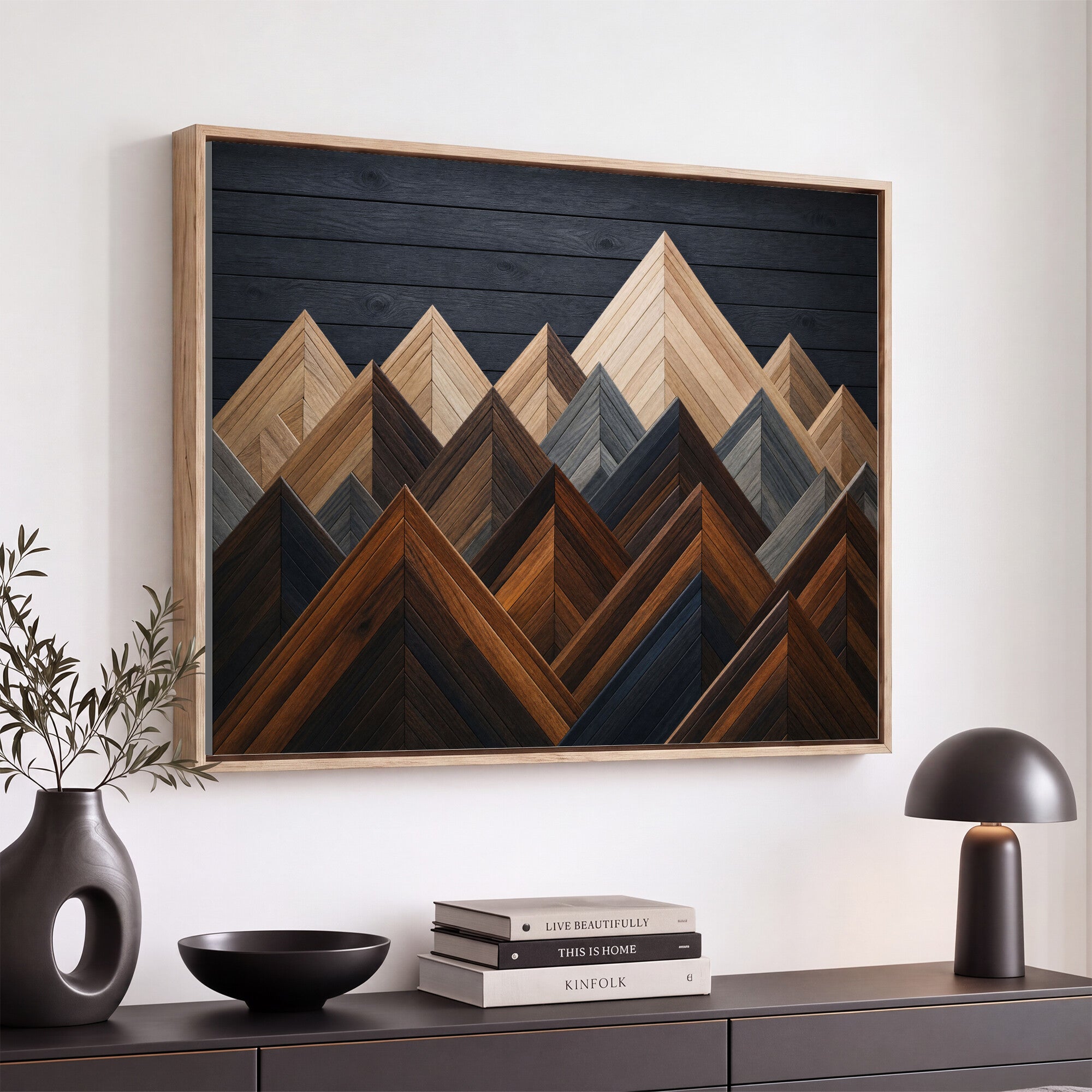 70531117-MGV-CV-36X24 - Geometric Wood Mountain Wall Art Canvas Print, 3D Look Rustic Mosaic Landscape Print