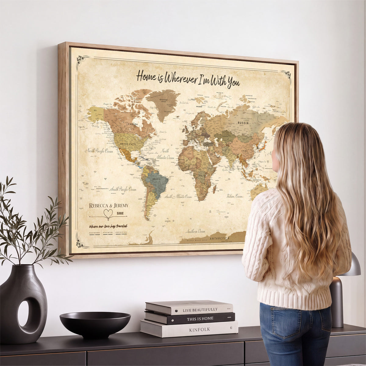 40086165SP-MGV-CV-36X24 - Custom Push Pin Travel Map Canvas Print, Cream Personalized Travel Tracker Map, Anniversary Gift, Vintage World Map Wall Art