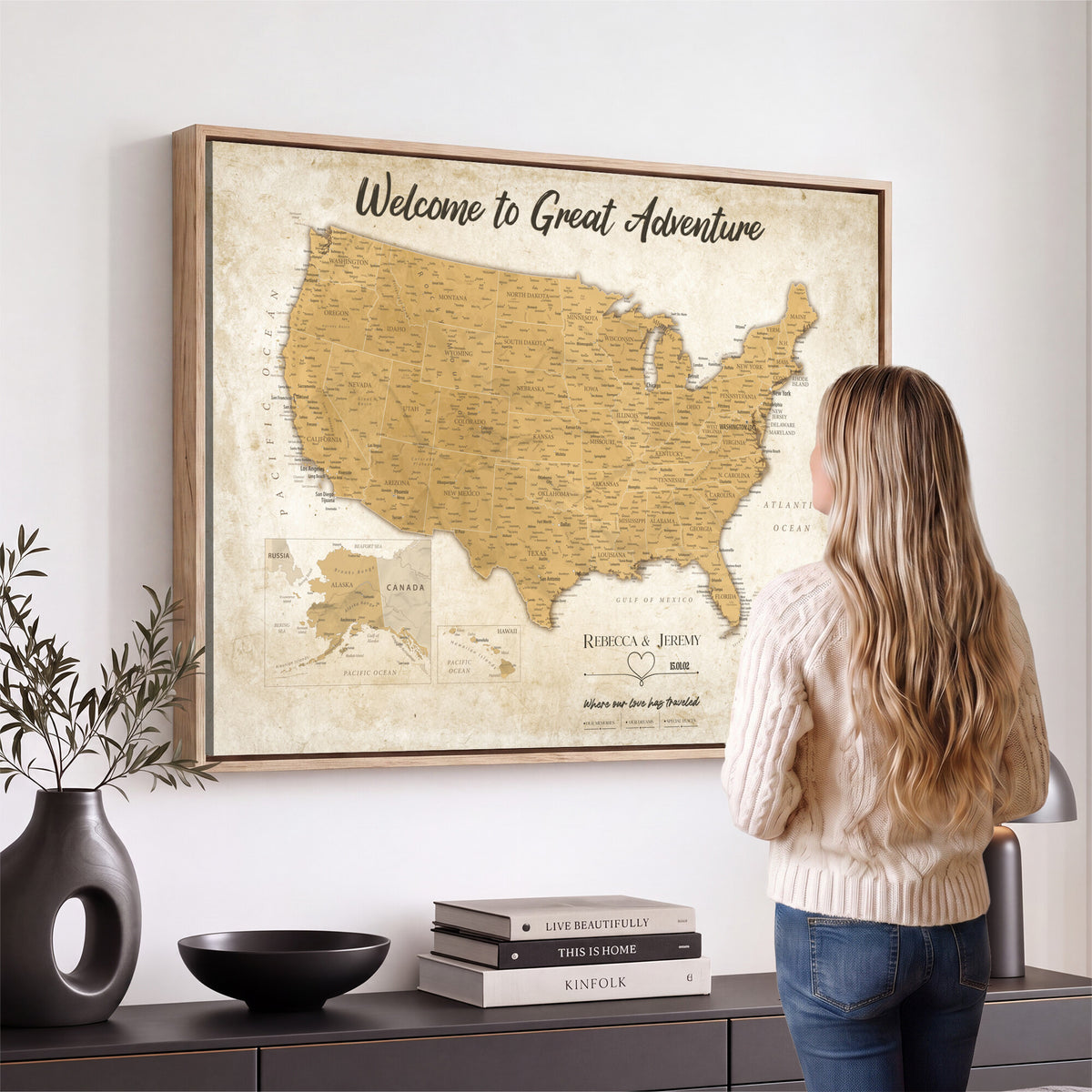 81437082-MGV-CV-36X24 - Custom Push Pin Travel USA Map Canvas Print, Cream Personalized Travel Tracker America Map, Anniversary Traveler Gift